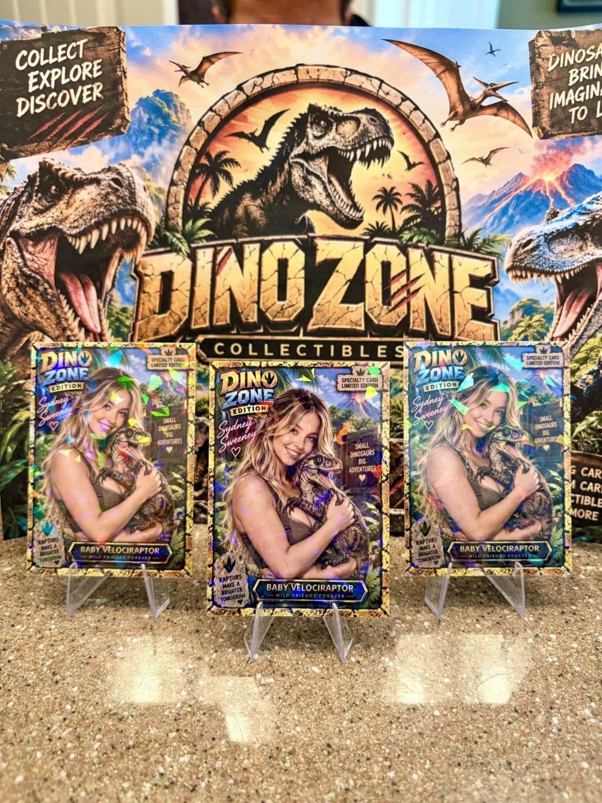 3 Pk Dino Zone Sydney Sweeney Cracked Ice Custom Novelty Baby Velociraptor Cards 3 Pk Dino Zone Sydney Sweeney Cracked Ice Custom Novelty Baby Velociraptor Cards