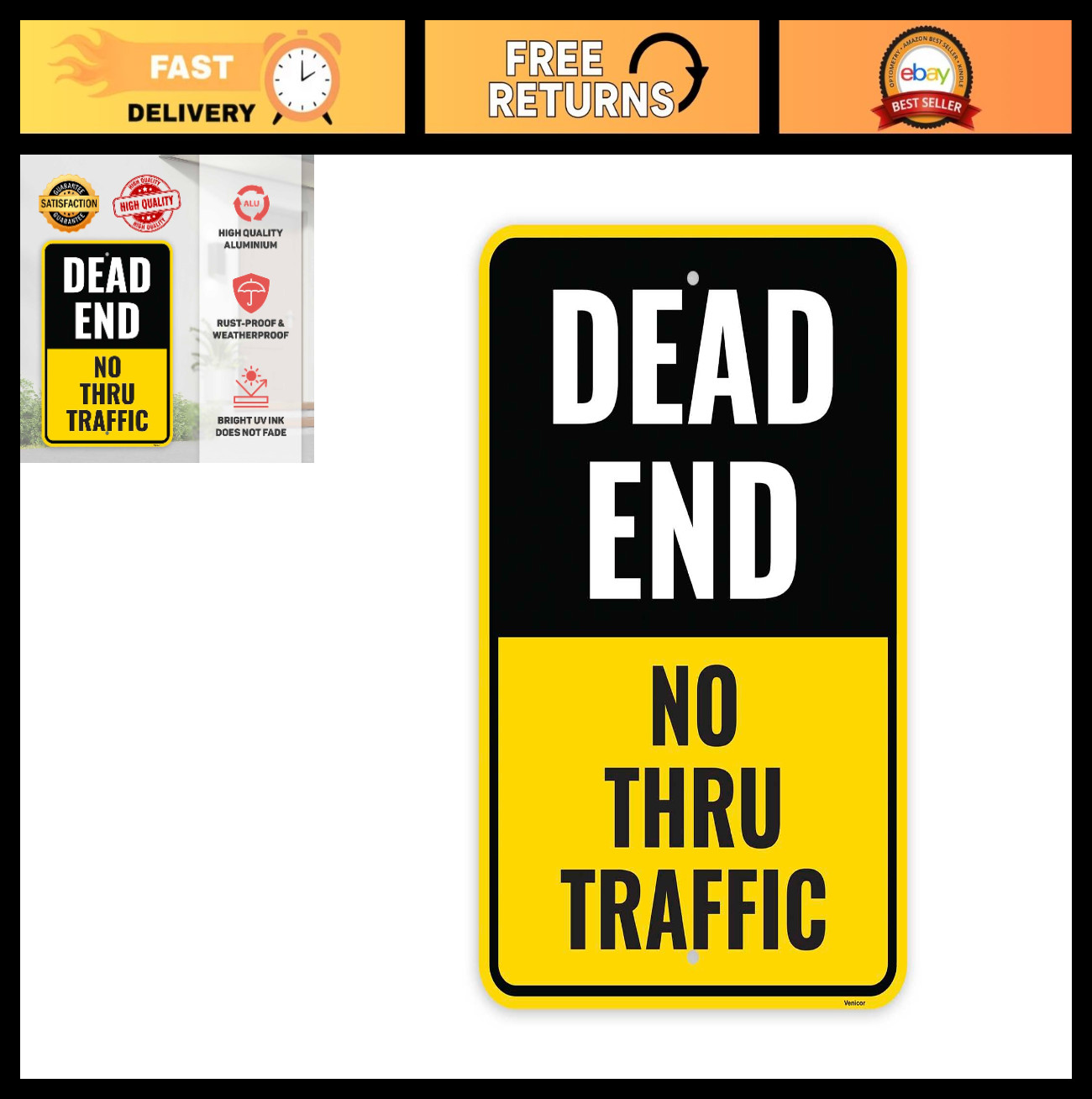 1PC Dead End No Thru Traffic Sign, 18 x 12 Inches - Aluminum - No Outlet No Turn