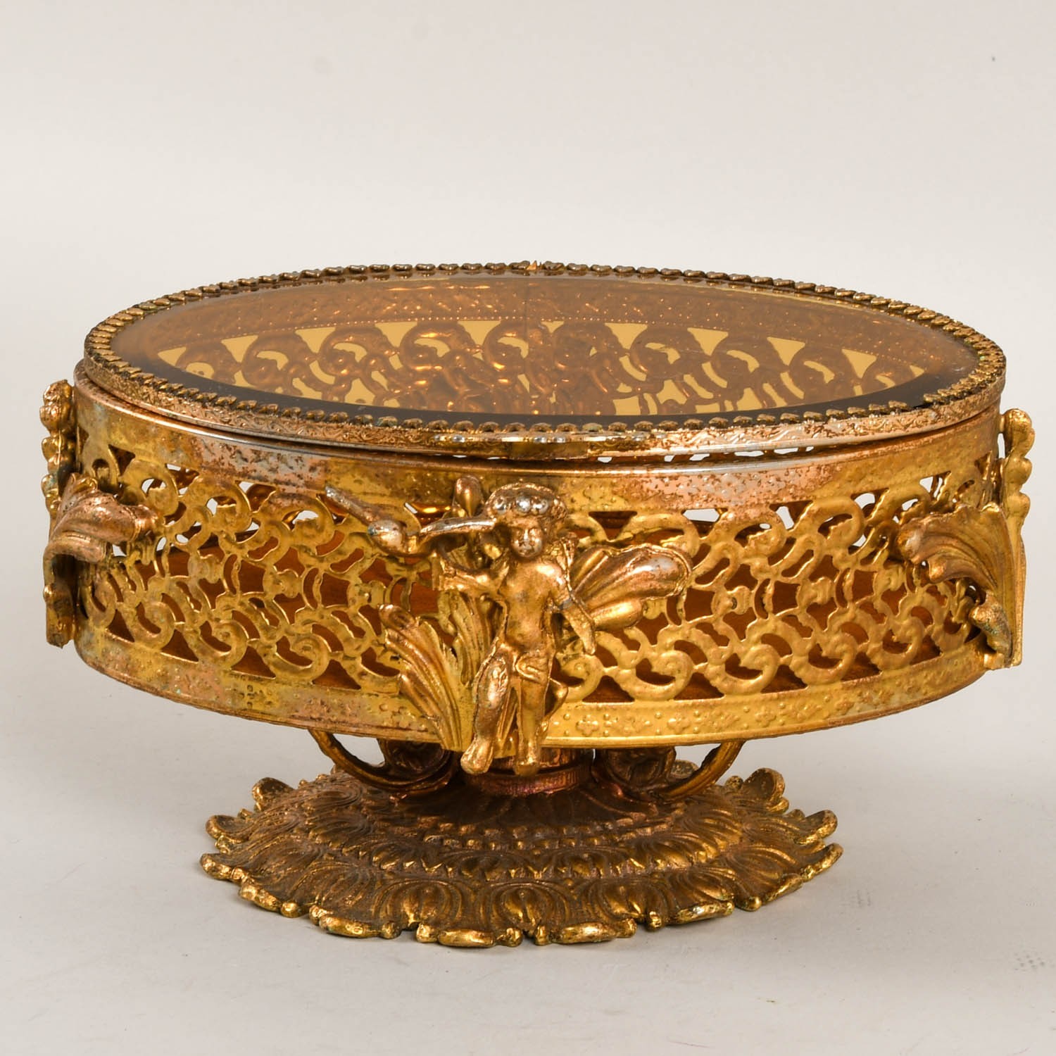 Oval Gold Filigree Jewelry Trinket Box ~ Hollywood Regency - Cherub - Ormolu