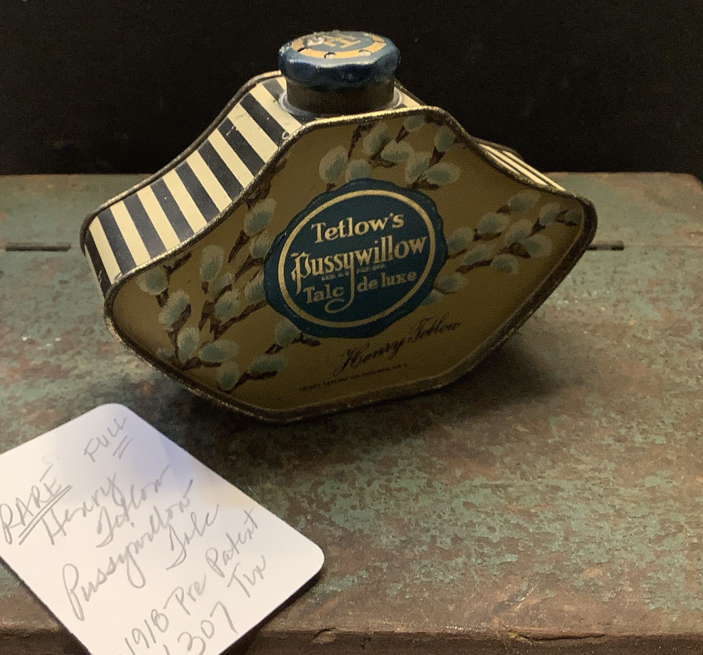1307🌟Antique c1918 Vanity RARE Henry Tetlow’s PUSSYWILLOW Talc de luxe Tin FULL