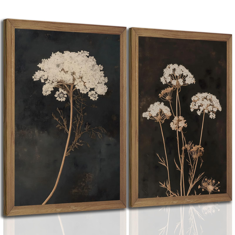 Qkykiss 2Pcs Framed Moody Botanical Wall Art Wood Frame Vintage Queen Annes Qkykiss 2Pcs Framed Moody Botanical Wall Art Wood Frame Vintage Queen Annes