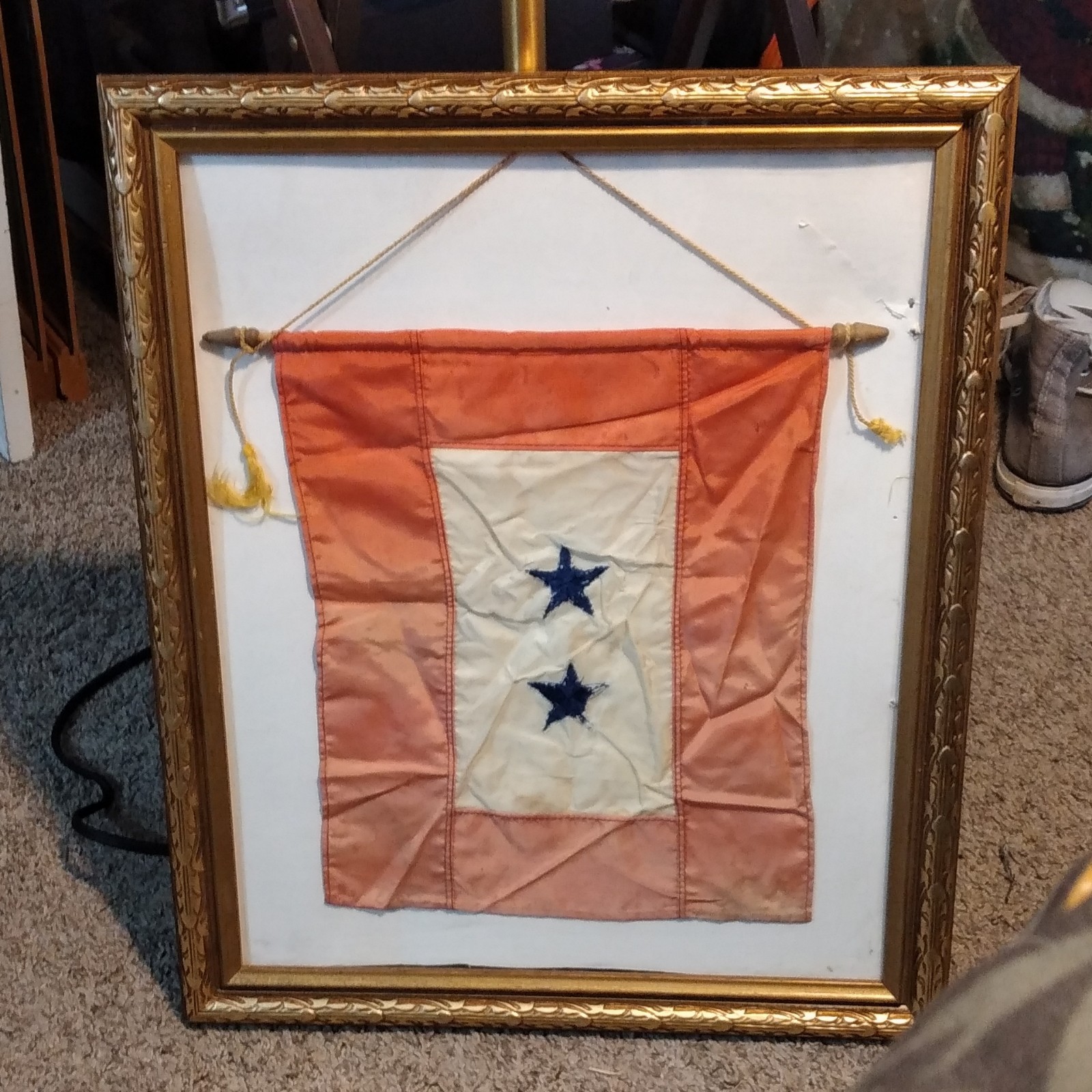 Framed Vintage US WWII 2 Star Military Service Flag Banner Homefront Antique Framed Vintage US WWII 2 Star Military Service Flag Banner Homefront Antique