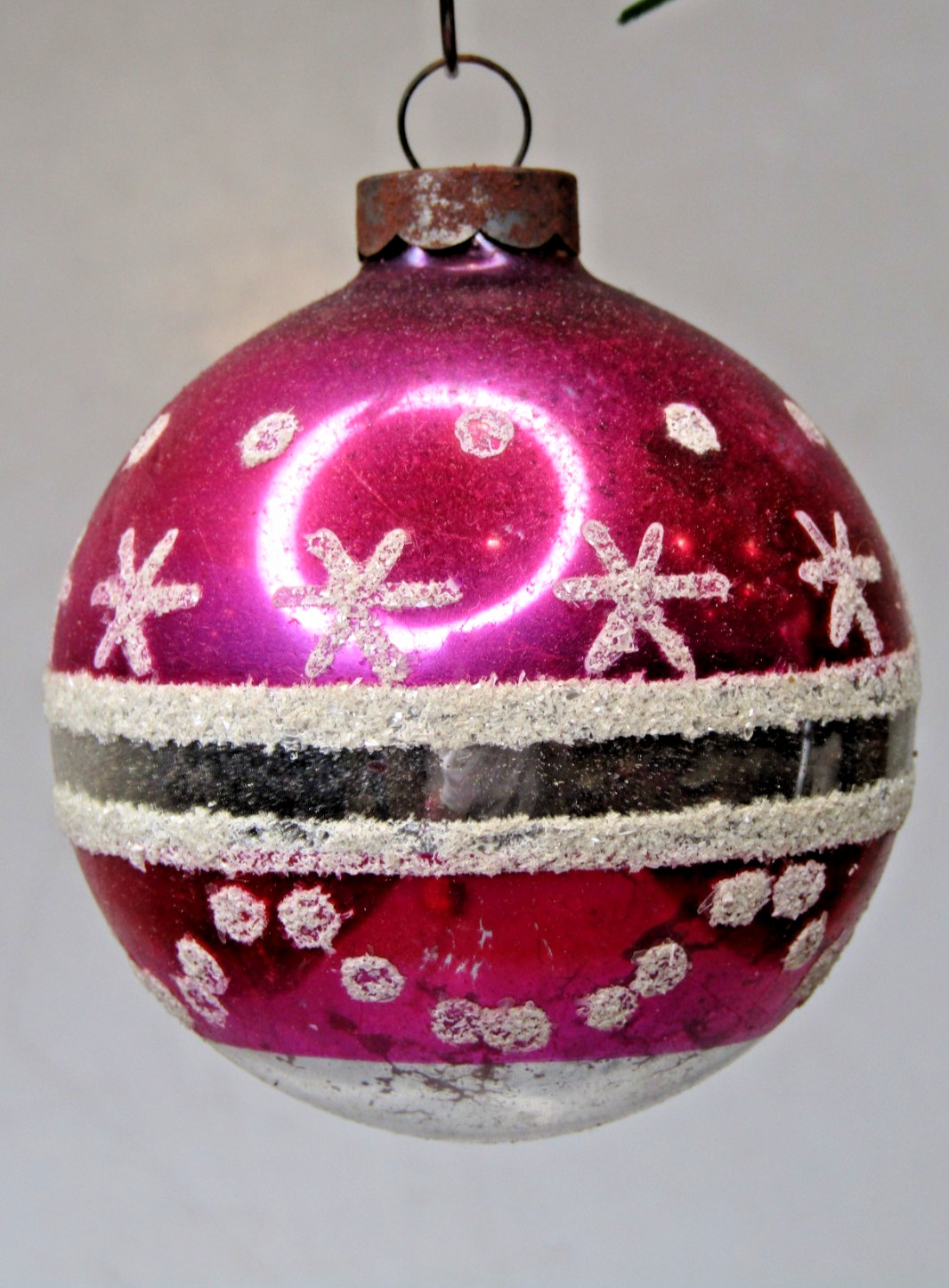 VTG pre WWII Glass Mica Pictured SNOWFLAKE Pink BALL Christmas Ornament USA