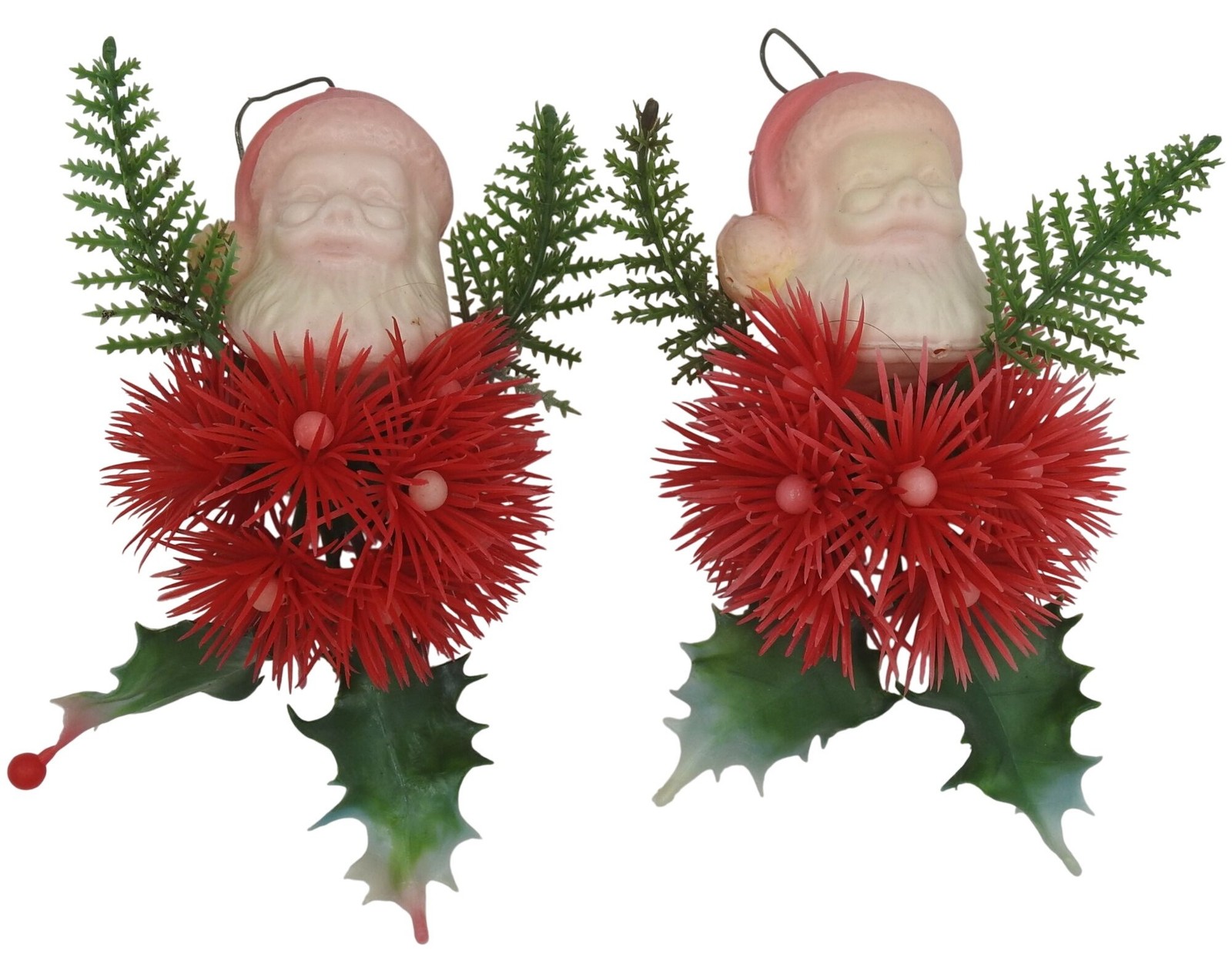 Vintage Santa Plastic Blow Mold Head Ornament Poof Body Pine Arms Holly Legs 6\