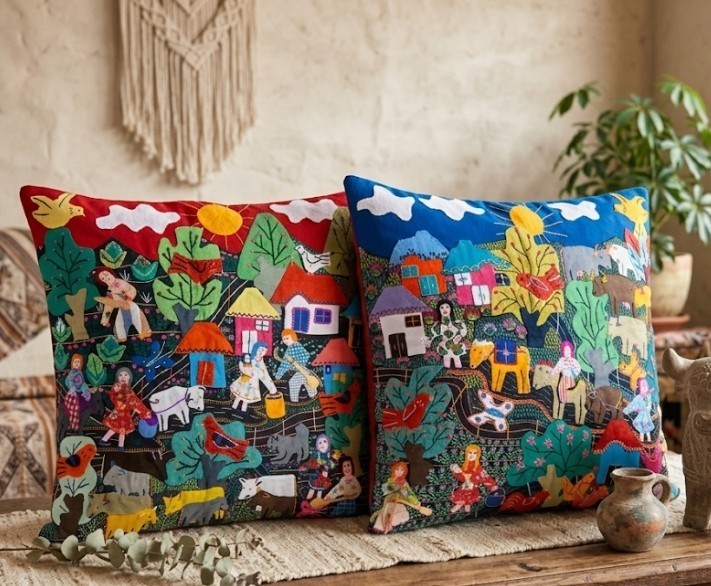 VTG Peruvian Arpillera Folk Art Pillow Cover Set 2 3D Applique Tapestry Handmade