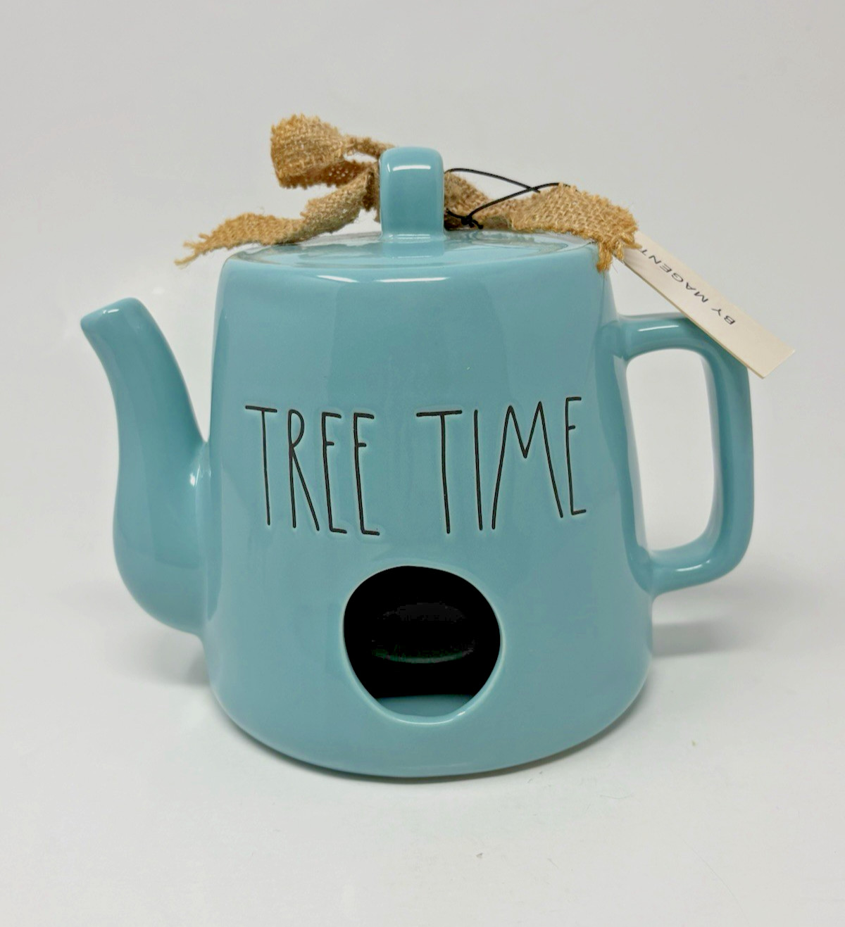 New Rae Dunn Teapot Birdhouse Tree Time Turquoise Aqua Burlap Bow Ceramic NWT