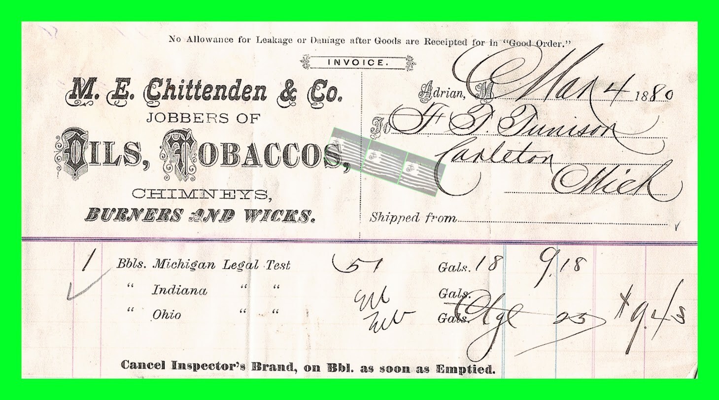 1880 Adrian MI M.E. Chittenen & Co. Oils Tobaccos Burners Wicks Letter Head Bill