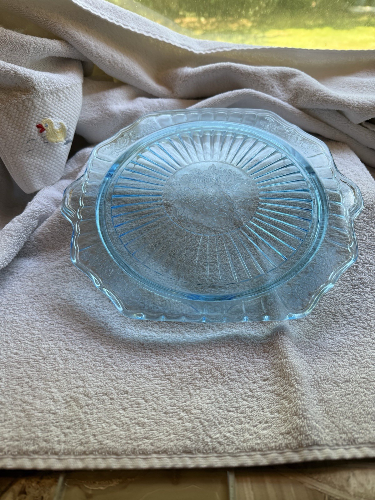 Vintage 1930-1936 Glass Cake Plate Footed with Tab Handle Blue Mayfair Open Rose