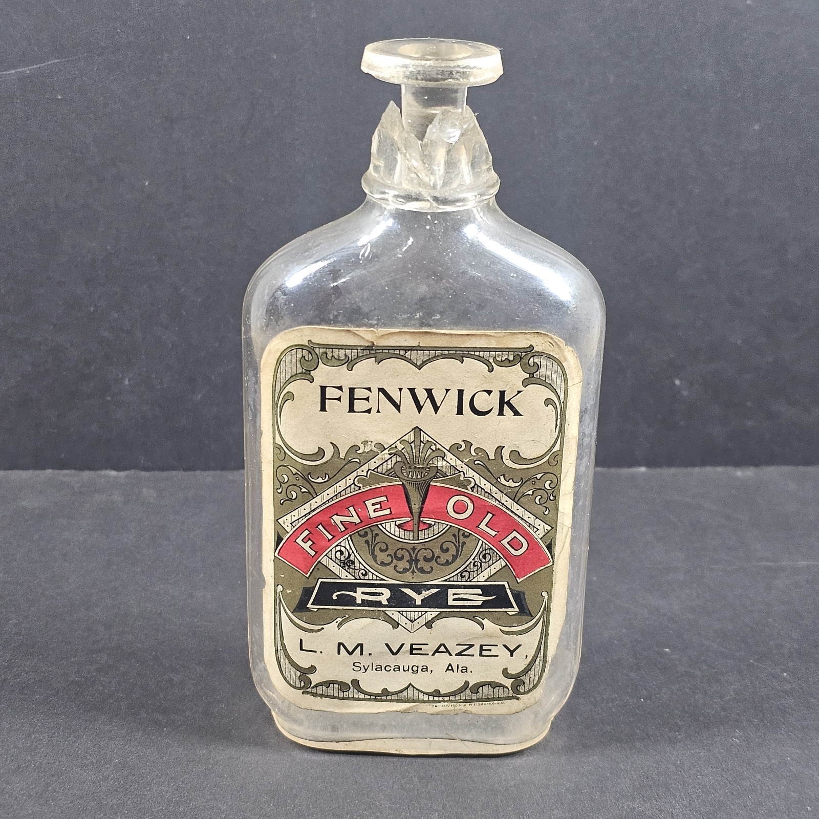 Fenwick Fine Old Rye Whiskey Bottle L.M. Veazey Sylacauga Ala Broken Bottle Top