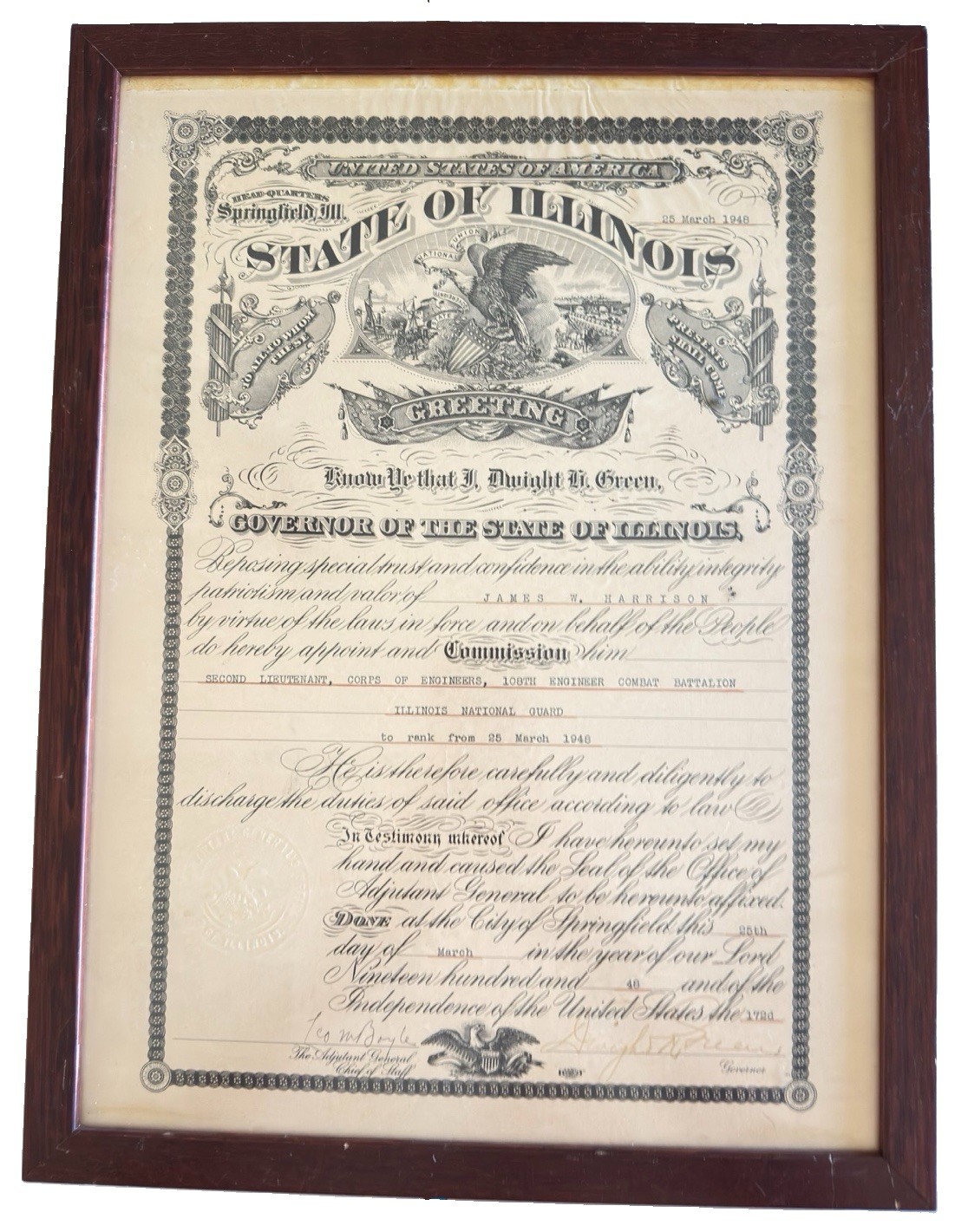 1948 Illinois National Guard Commission signed Governor Dwight H. Green Framed