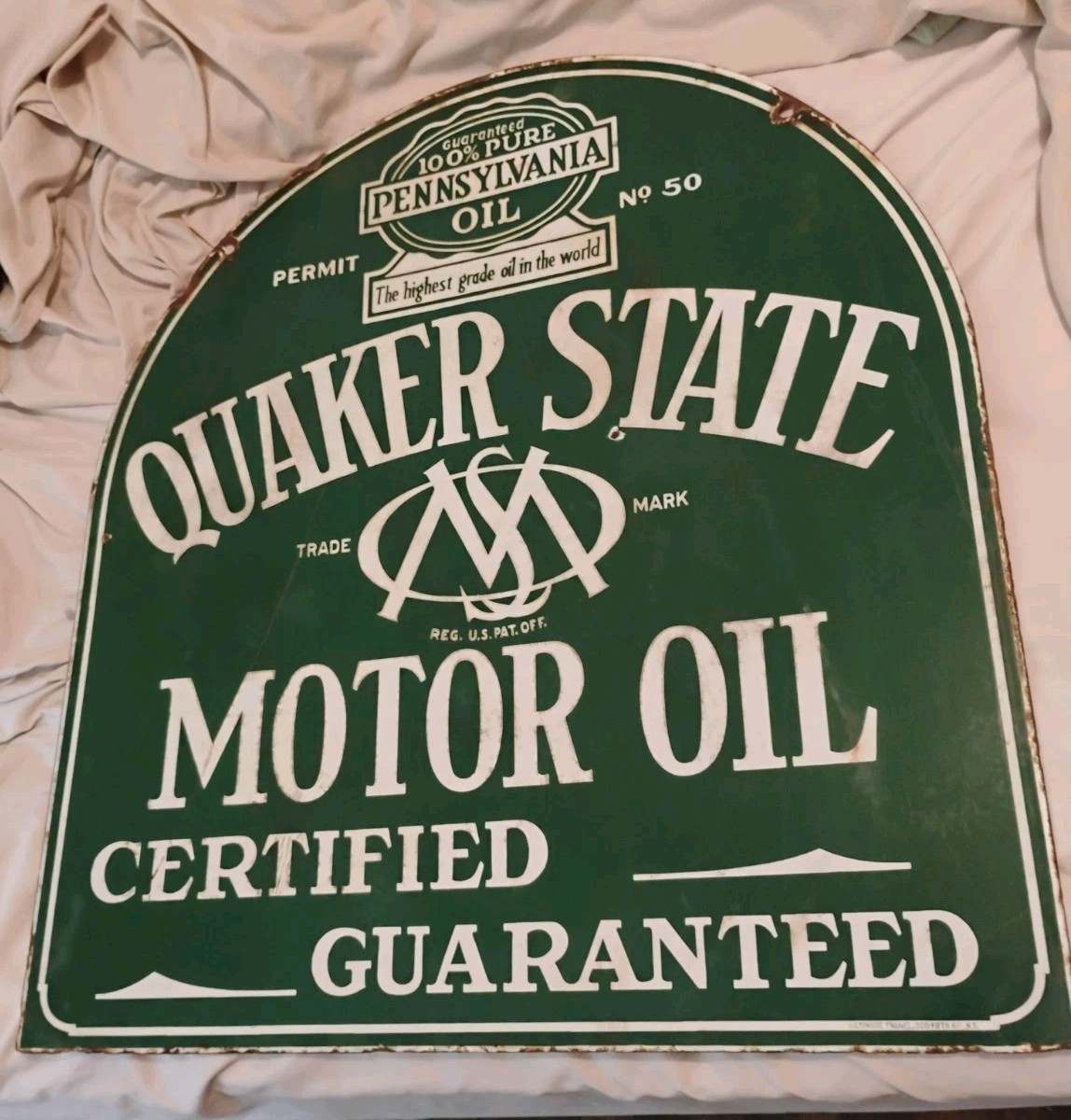 Original 1930s Quaker State Motor Oil Double Sided Porcelain Tombstone Sign 29”