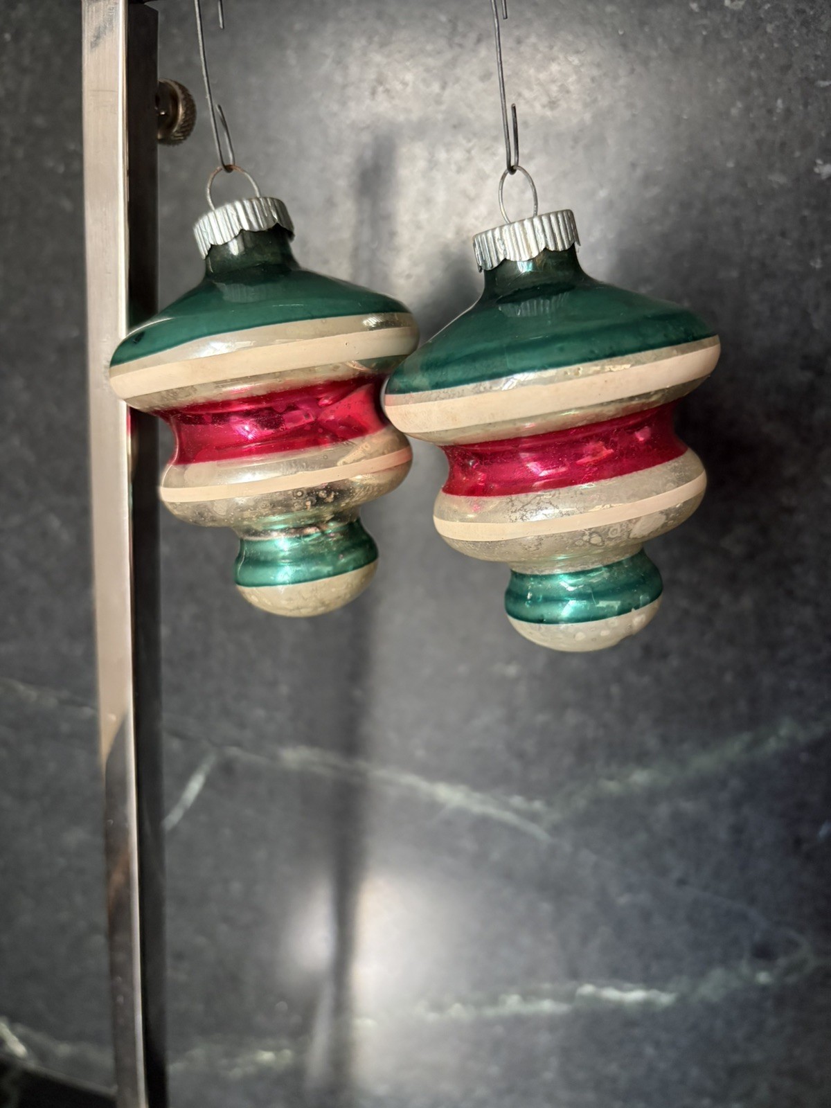 Shiny Brite 3in Glass Striped Tornado UFO Top Christmas Ornaments Set 2 vtg USA