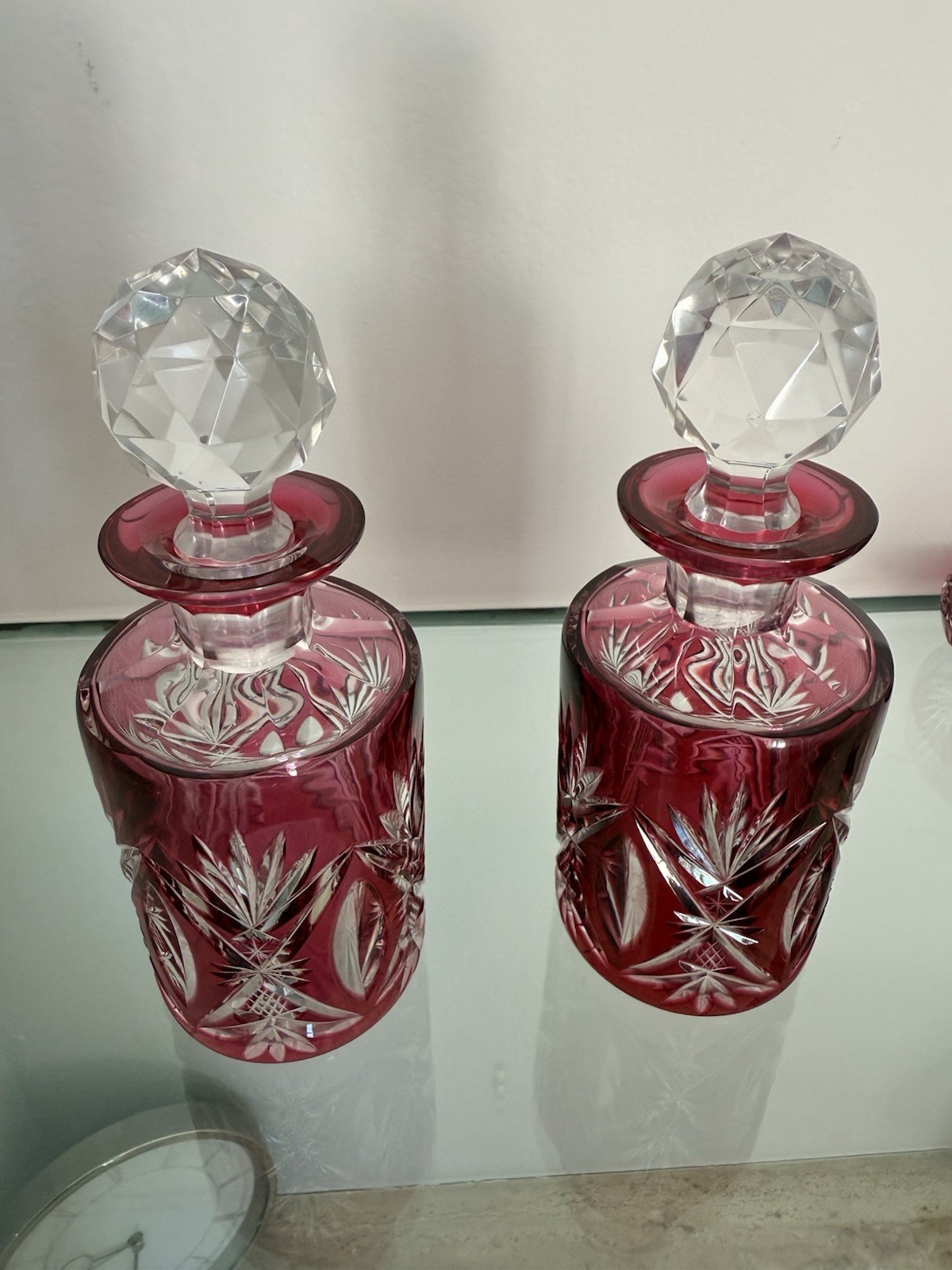 Val St.Lambert Cranberry Pink, Cut To Clear Etched Perfume Bottles Set Of Two