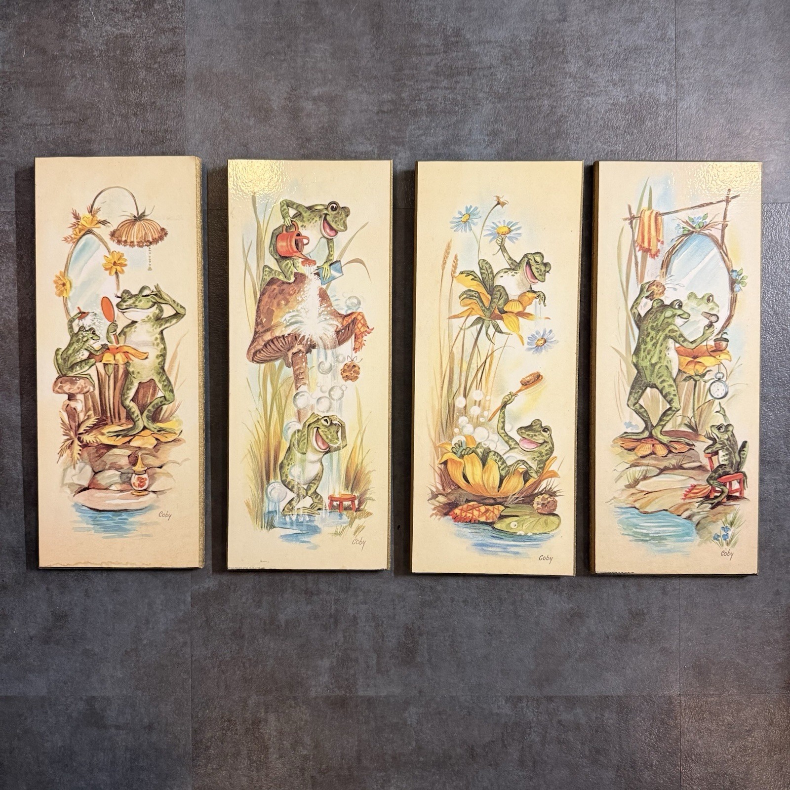Set of 4 Vtg Coby Anthropomorphic Frog Bathroom Wall Art Plaques 15 x 6 MCM
