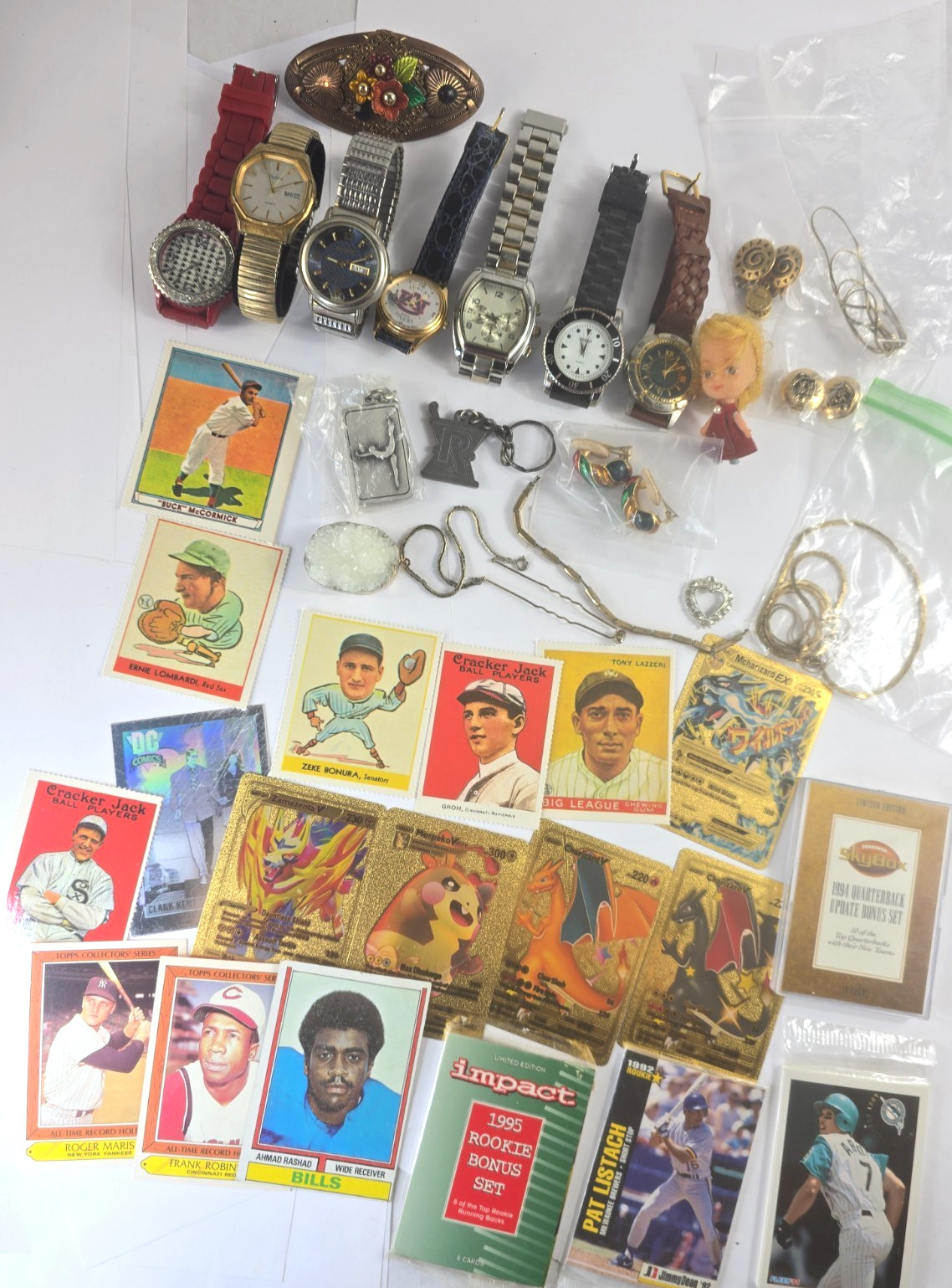 ESTATE JUNK DRAWER LOT GOLD Jewelry Watches Cards Toys & MORE AC 
