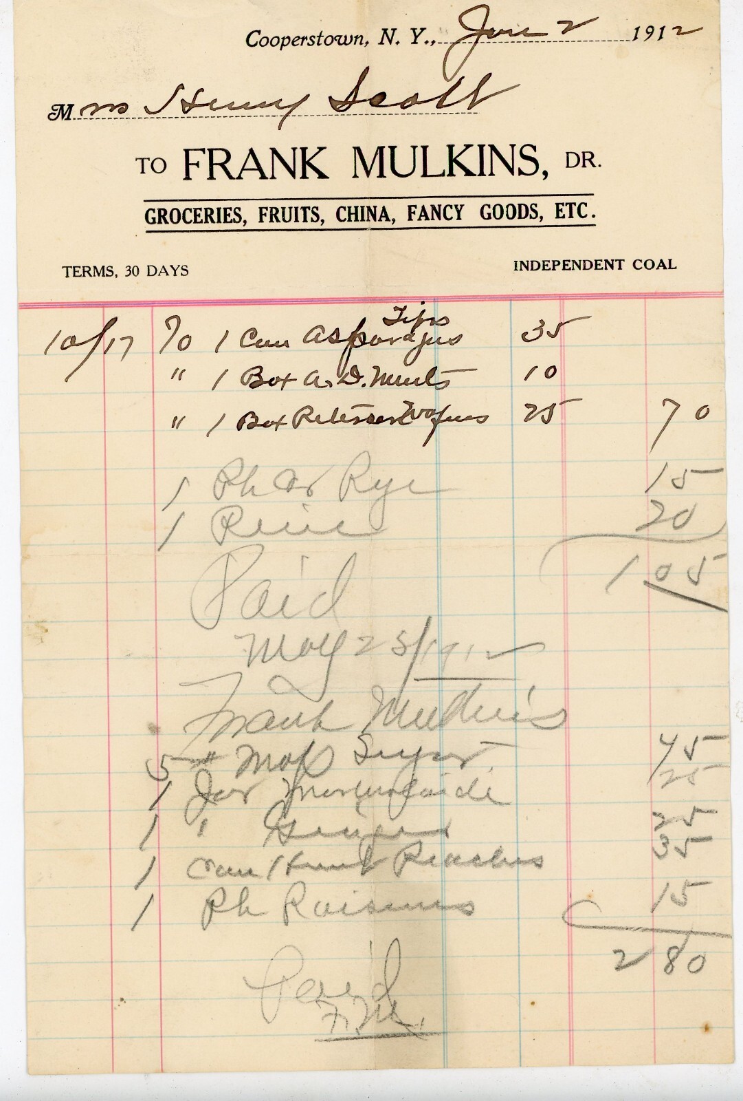 1912 Cooperstown Grocery Receipt Frank Mulkins Ms Henry Seall China Groceries