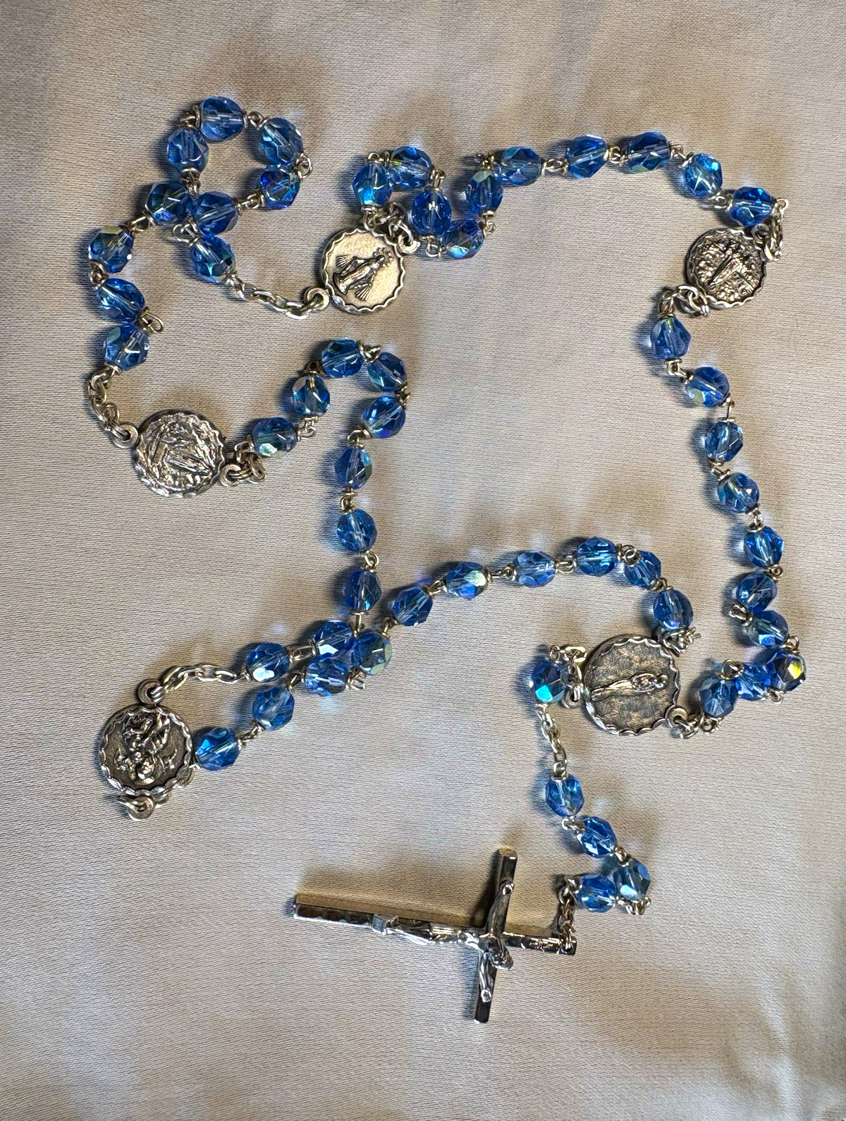 Vintage Italian Blue Glass Bead Christian Rosary w/ Crucifix & Marian Medals