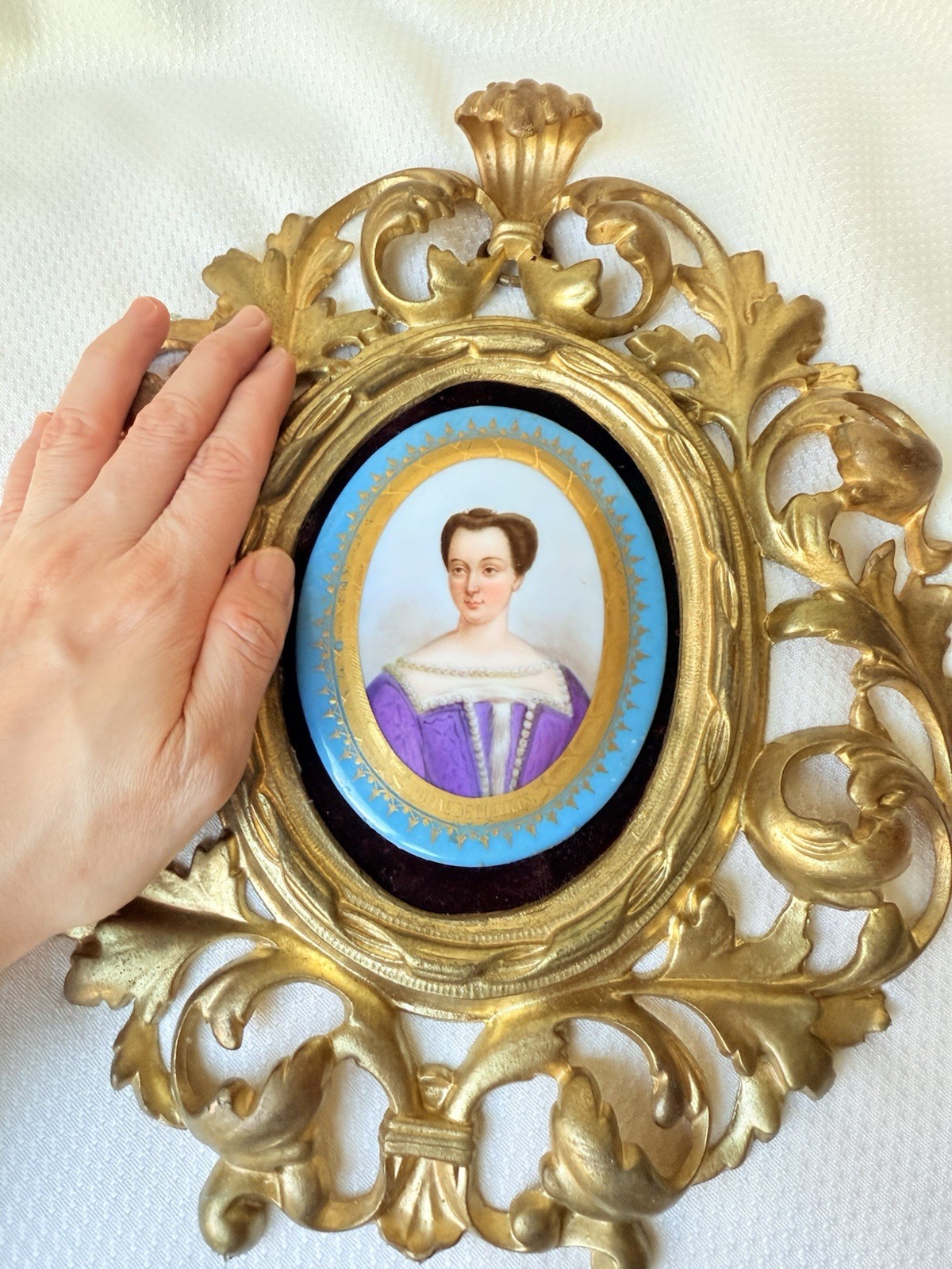 French Sevres Style  Portrait Porcelain Plaque Metal Frame Turquoise 