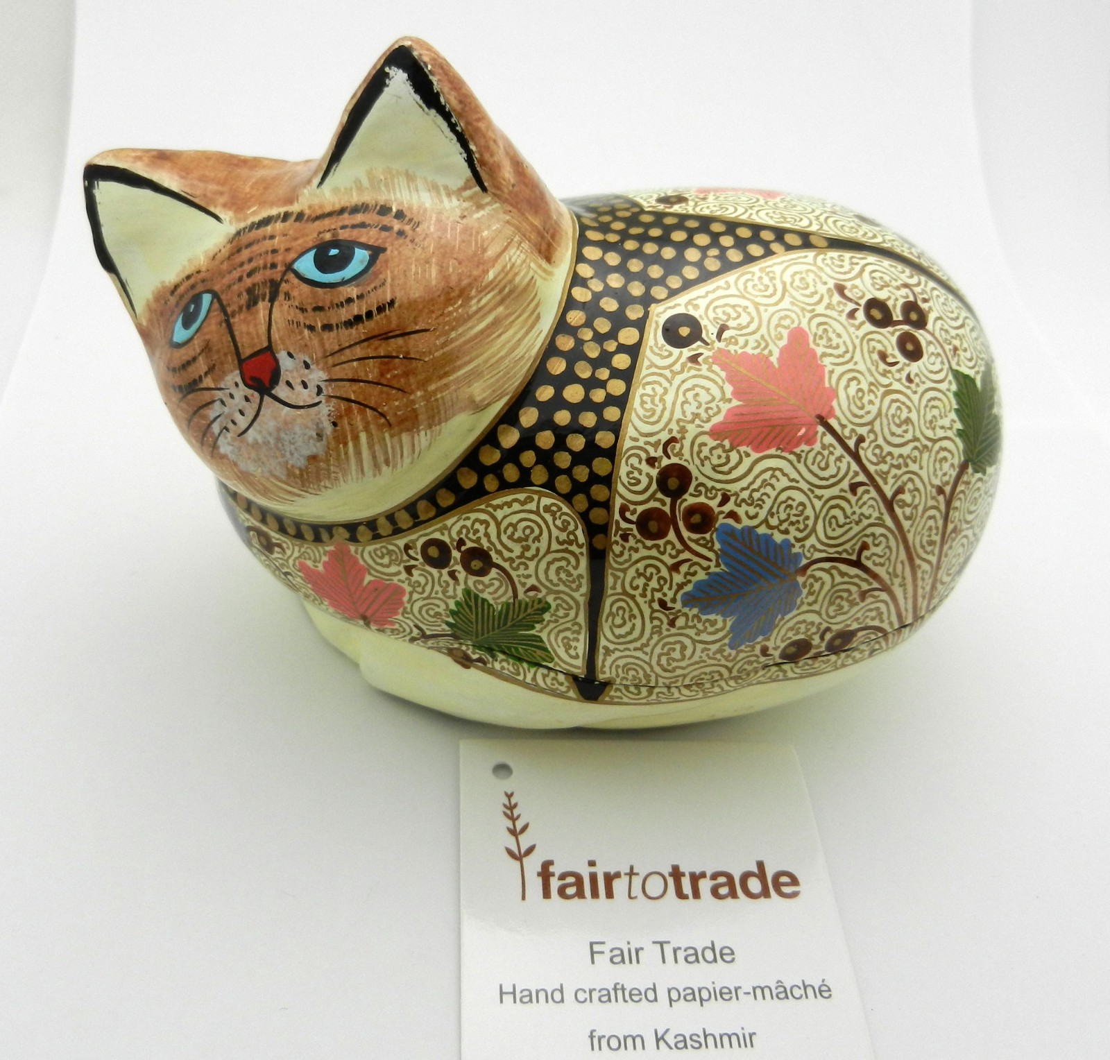 Vintage Cat Kitty Trinket Box Papier Mache Hand Painted Flower Pattern India Vintage Cat Kitty Trinket Box Papier Mache Hand Painted Flower Pattern India