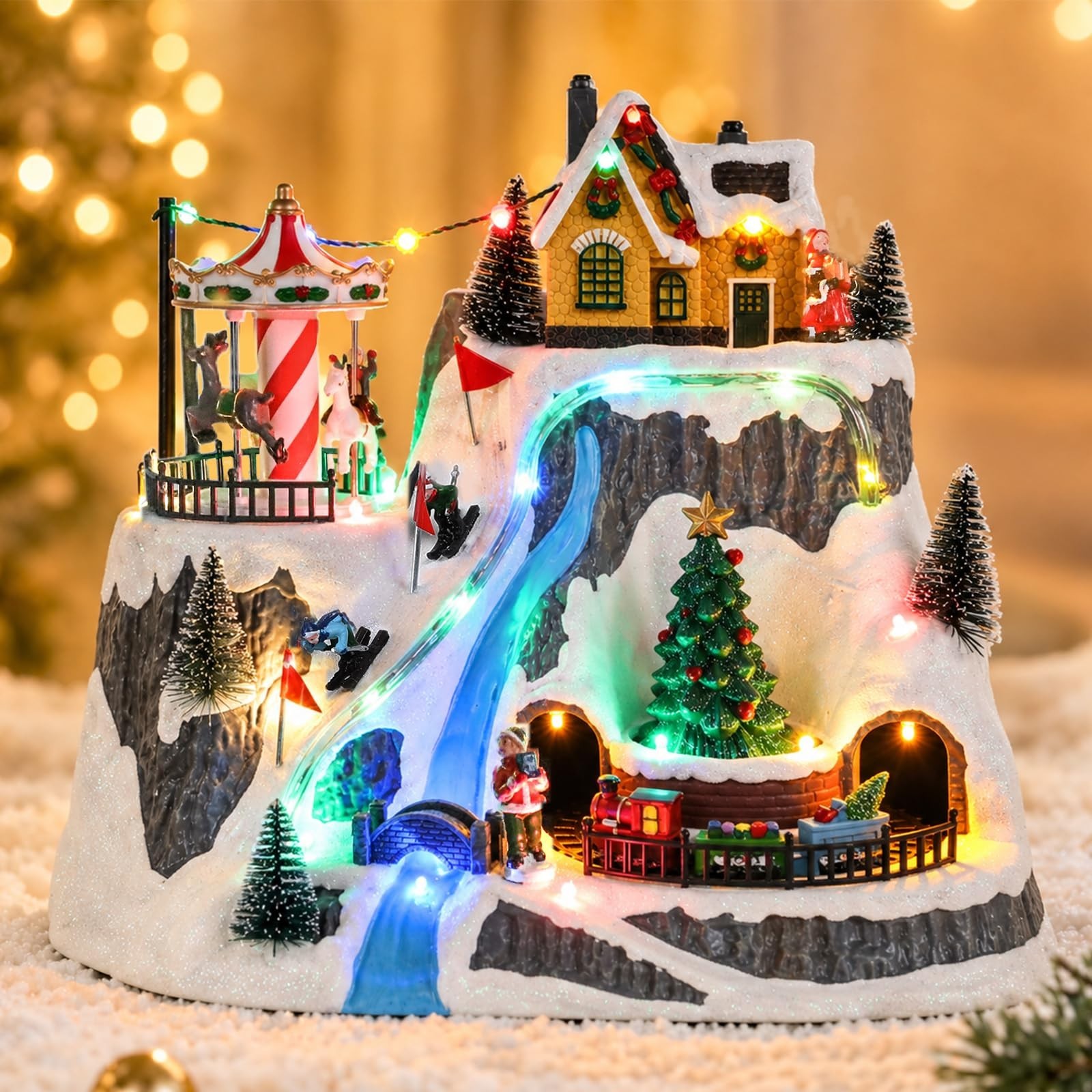 Christmas Village Houses Set with Ski Slope, Moving Train & Carousel Decor