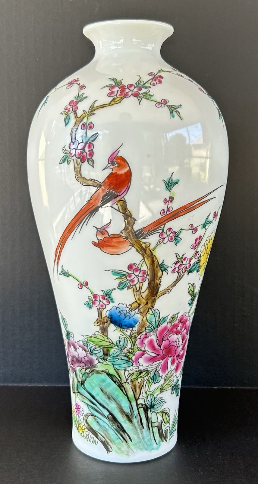 Chinese Hand Painted Porcelain Famille Rose Vase Birds Flowers Poem 11 1/2\