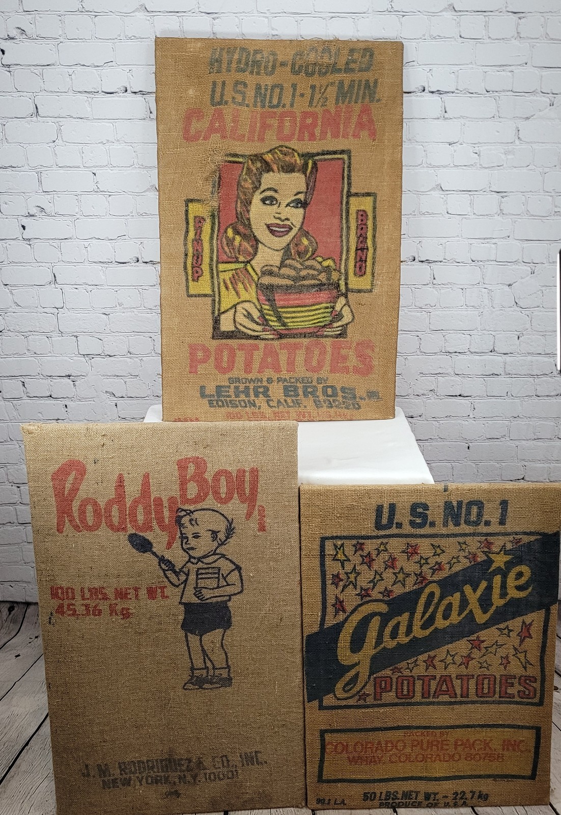 VTG Lot Of 3 CA Pin Up Lehr Bros Roddy Boy Galaxie Potato Burlap Sack Art USA VTG Lot Of 3 CA Pin Up Lehr Bros Roddy Boy Galaxie Potato Burlap Sack Art USA