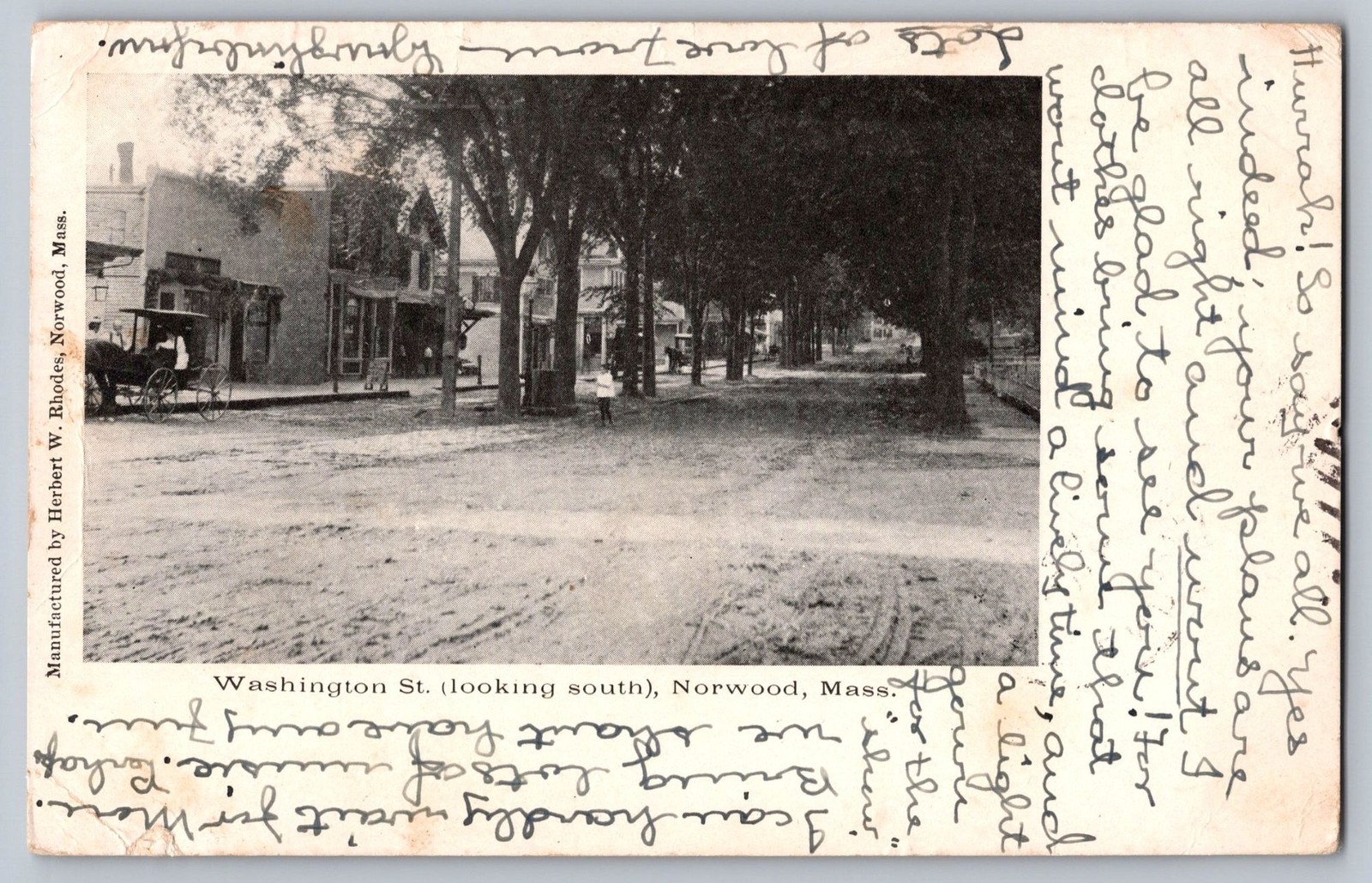 Antique 1906 Washington St Norwood Mass Postcard Horse Carriage Main Street MA