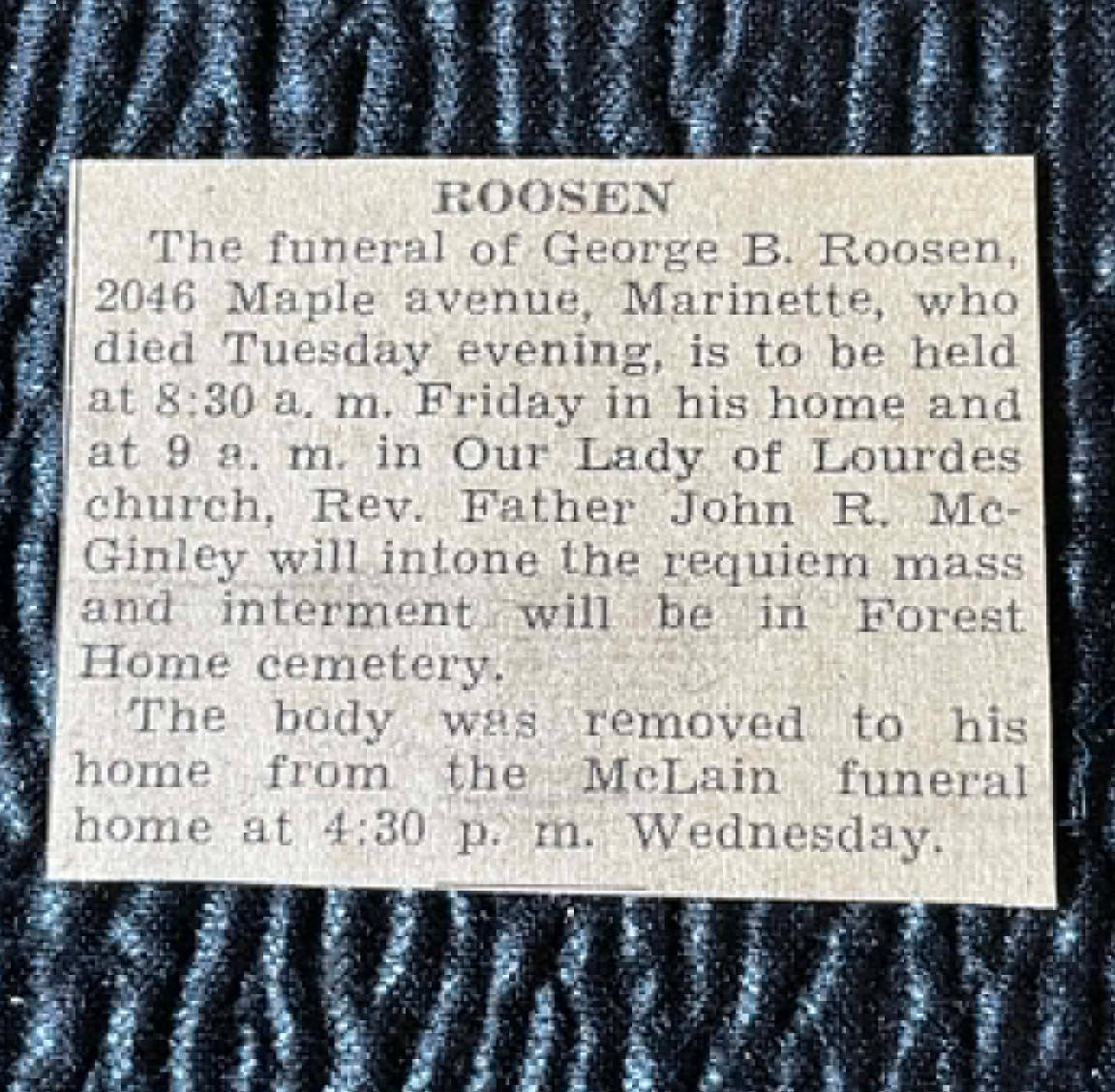 Obituary George B Roosen Marinette Funeral Notice Menominee Herald Leader 1936