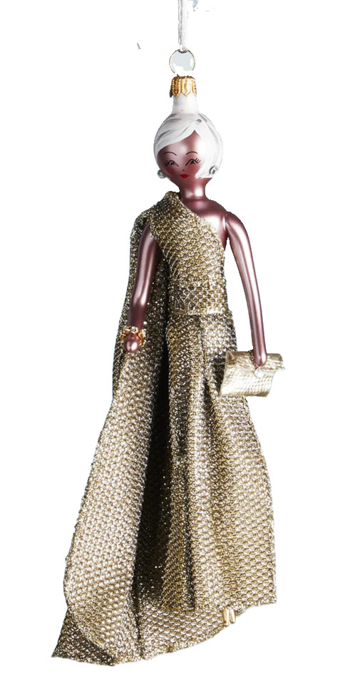 New De Carlini Neiman Marcus Lady with Gold Dress Christmas Ornament