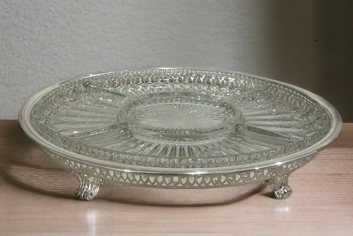 Vtg Leonard Silver Silverplate Pierced Footed Oval Serving Tray Divided Glass