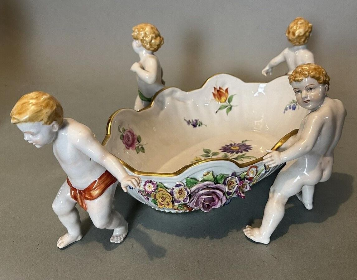 Antique German Porcelain Floral Decorated Compote Bowl with Figural Cherub Putti