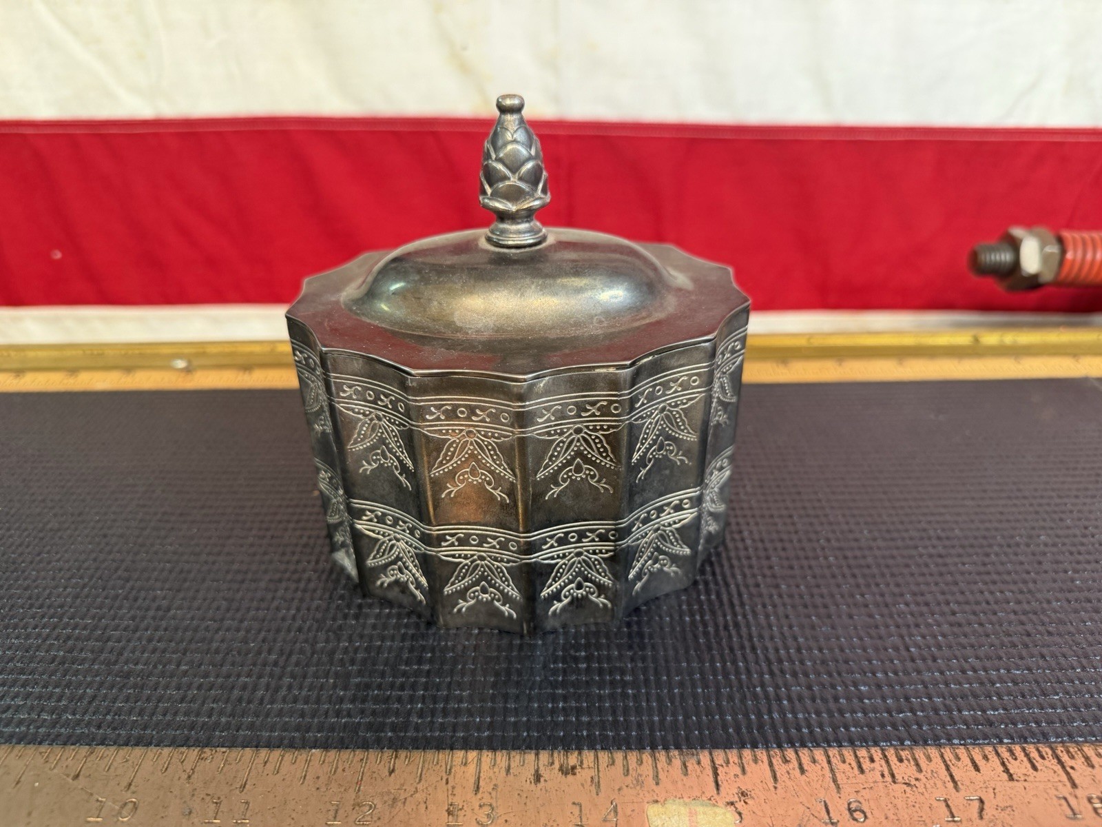 Vintage 1991 Godinger Silver Plated Tall Canister Tea Caddy Red Velvet Lined Box