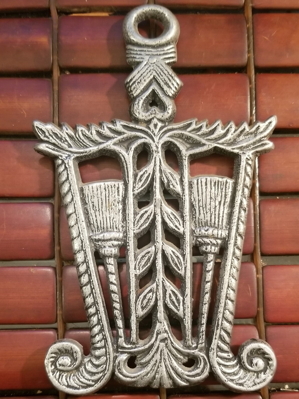 Vintage Pennsylvania Dutch Cast Iron Trivet Brooms & Wheat Sheaves Good Luck