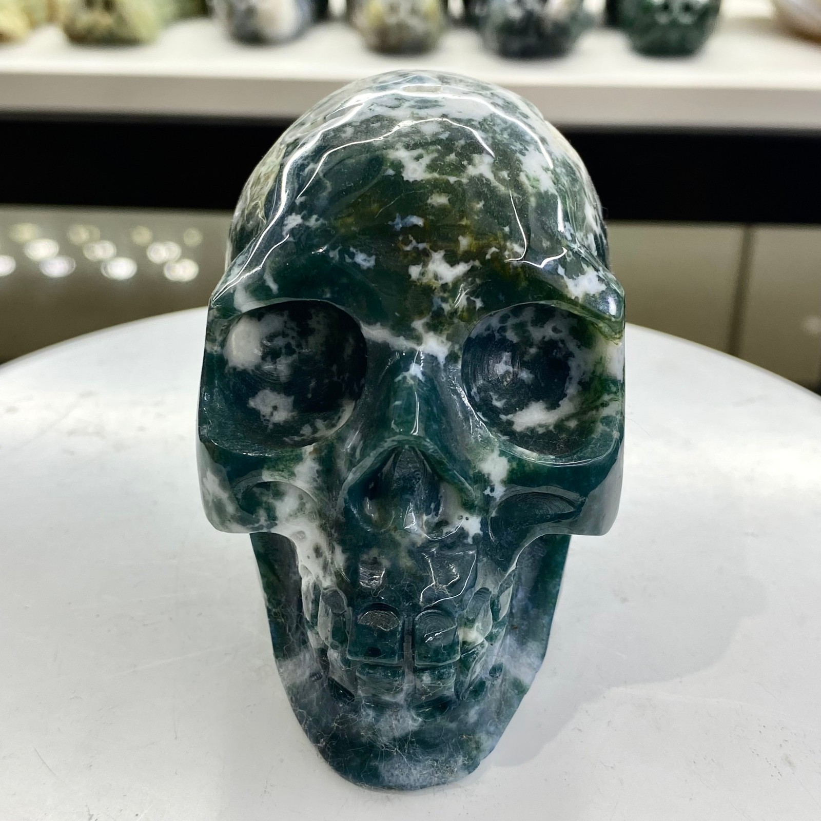1.2LB NATURAL Moss Agate Carved Crystal Skull Realistic Crystal Healing