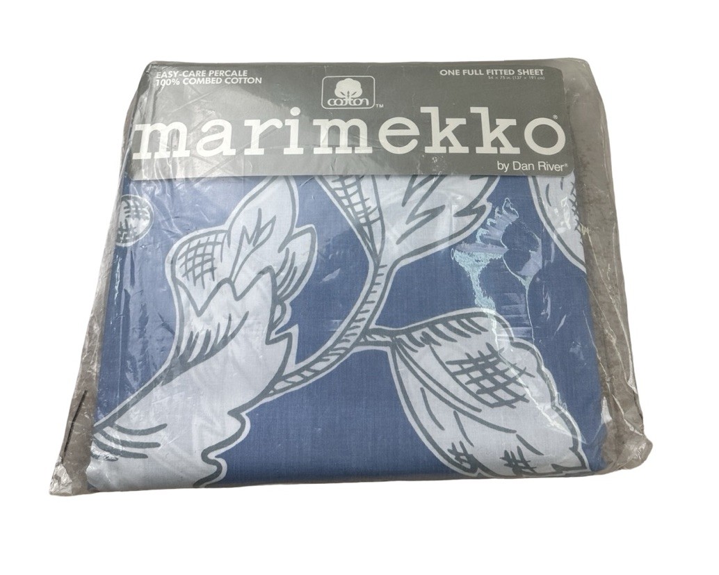 Vintage Marimekko Dan River Full Fitted Sheet Blue White Floral NOS Cotton