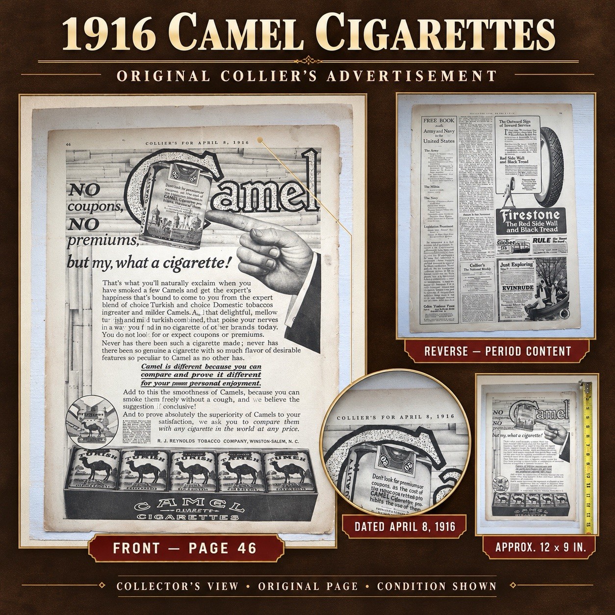 1916 Camel Cigarettes Original Collier\'s Magazine Ad 12x9 R.J. Reynolds