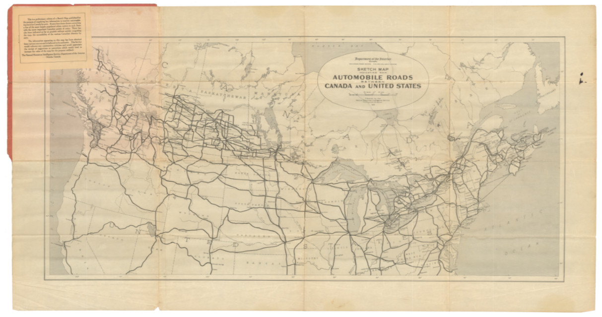 1925 Map of Automobile Routes between the U.S. and Canada, Early Highways