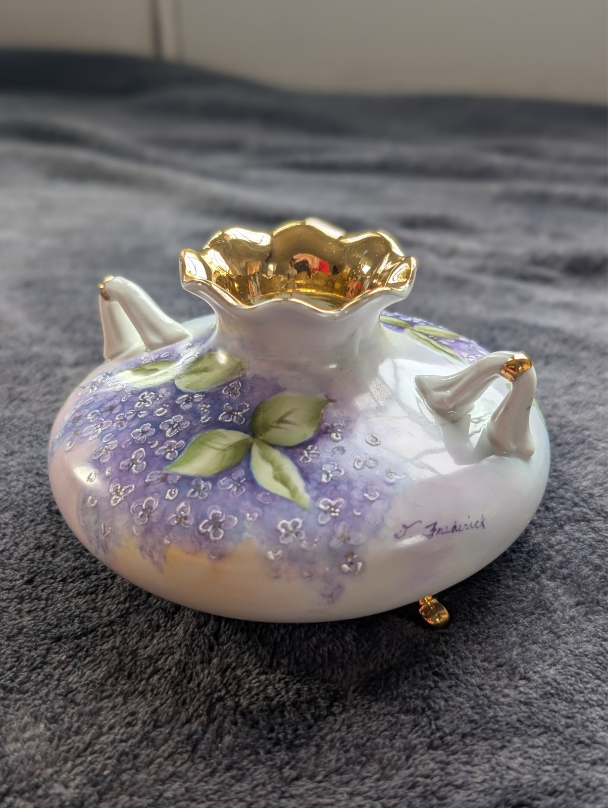 Signed J. Frederick Hand-Painted Porcelain Bowl - Lilac & Scalloped Gold Edge