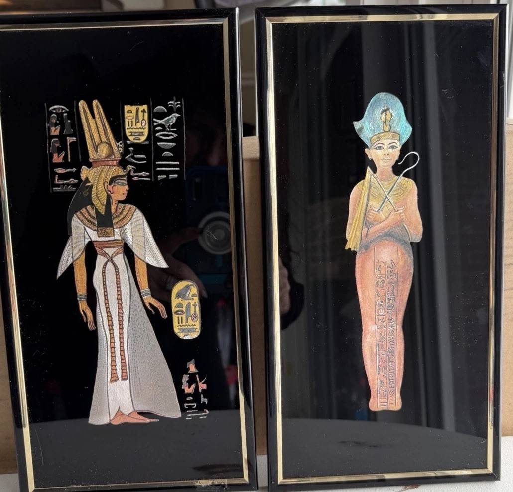 Vintage Pair Egyptian Papyrus Paintings King Tut Queen Nefertari Black Framed