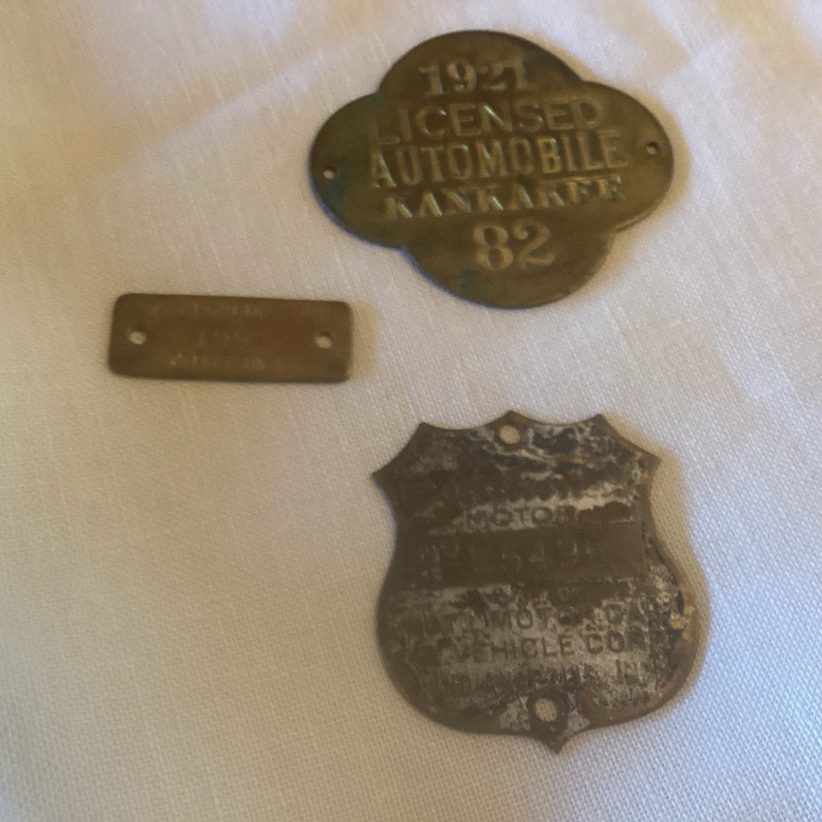 3 Rare Brass Badges: National Motor Car, 1921 Auto license, dog tag, 