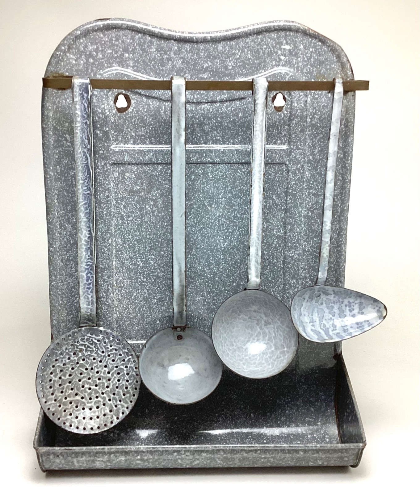 Vintage Gray Enamelware Graniteware Utensil Rack Holder with 4 Gray Utensils
