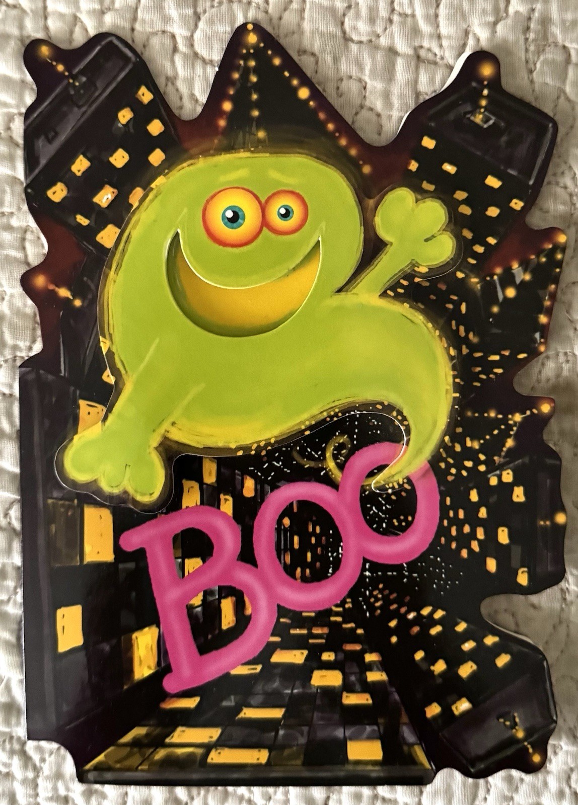 Unused Halloween Green Ghost Boo 3D Raised Vintage Greeting Card 1990s England