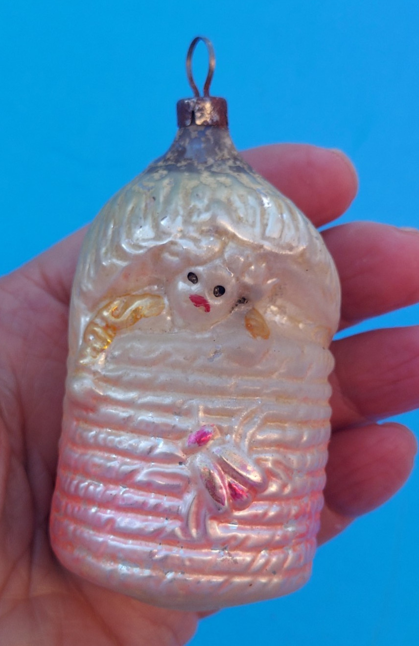 Antique Rare Baby in a Beehive Bee German Glass Ornament