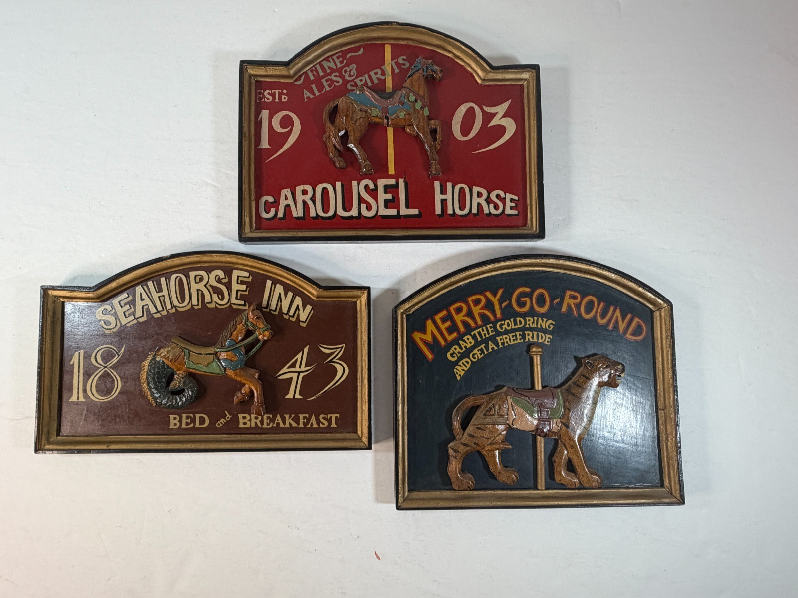 Vintage 3D Carved Wood Carousel Horse Wall Plaques Set of 3 Carnival Decor Vintage 3D Carved Wood Carousel Horse Wall Plaques Set of 3 Carnival Decor