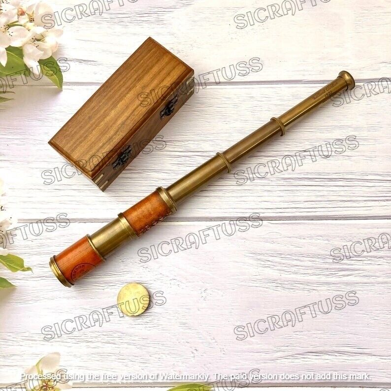 Vintage Old Style WW II Military Pocket Brass Telescope Gift With Wooden Box.