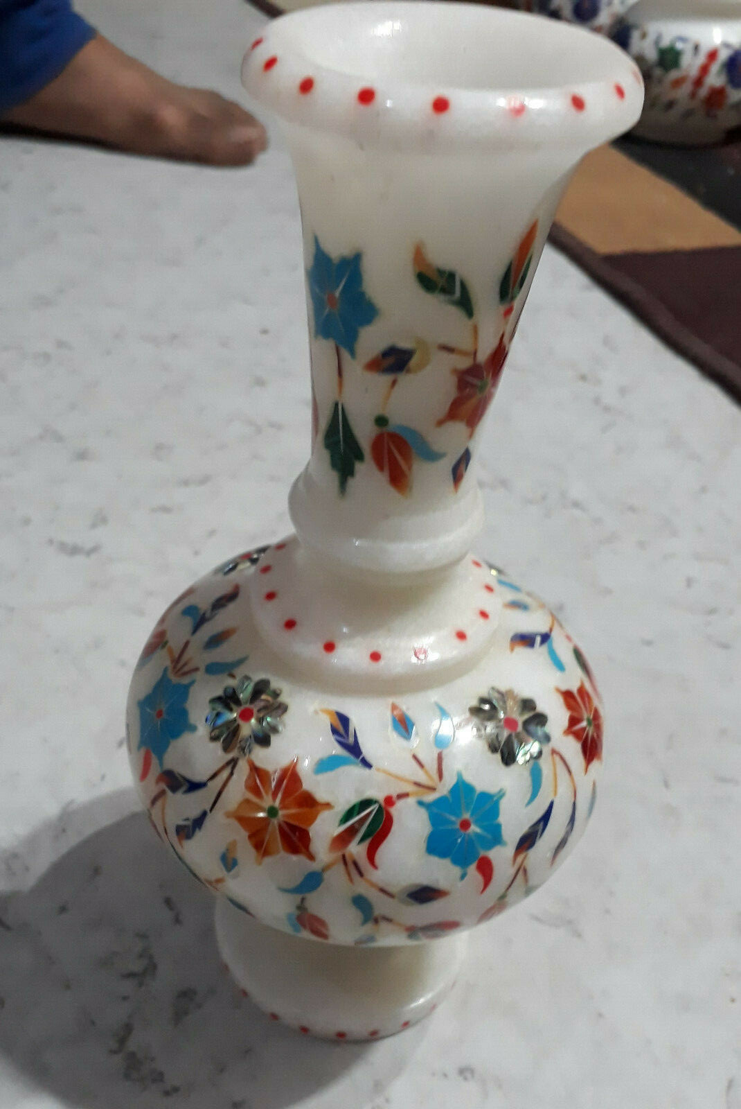 12'' White Marble Flower Vase Pot Inlay Stone Mosaic Floral Collectible Gift w