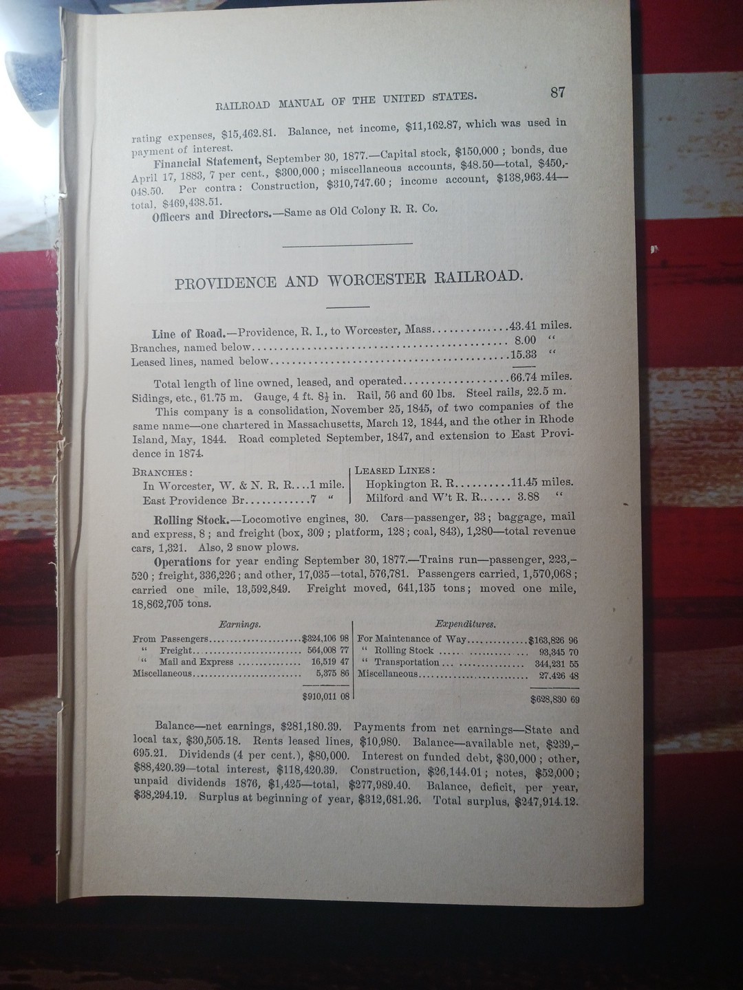 ~1878 Train Report PROVIDENCE & WORCESTER RAILROAD Massachusetts Rhode Island 