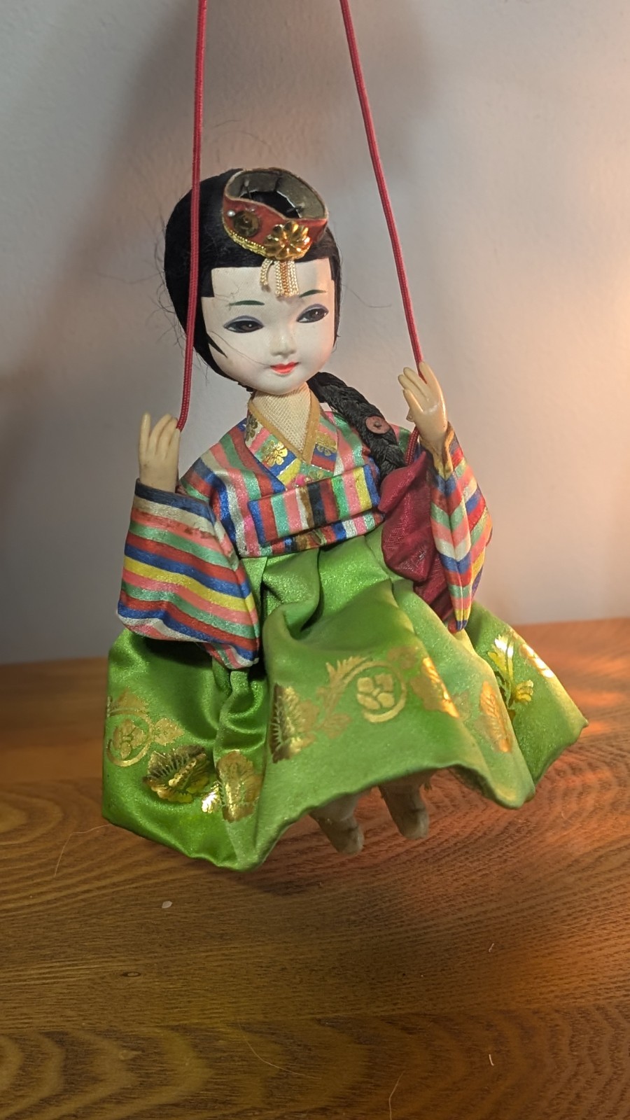 Vintage Korean Folk Art Doll On Swing. Hand Painted Silk Hanbok . Vintage Korean Folk Art Doll On Swing. Hand Painted Silk Hanbok .