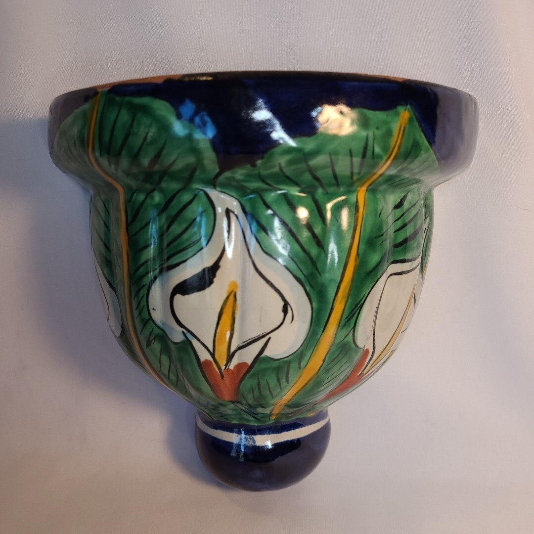 Vintage Mexican Pottery Handpainted Calla Lilly Wall Pocket Planter
