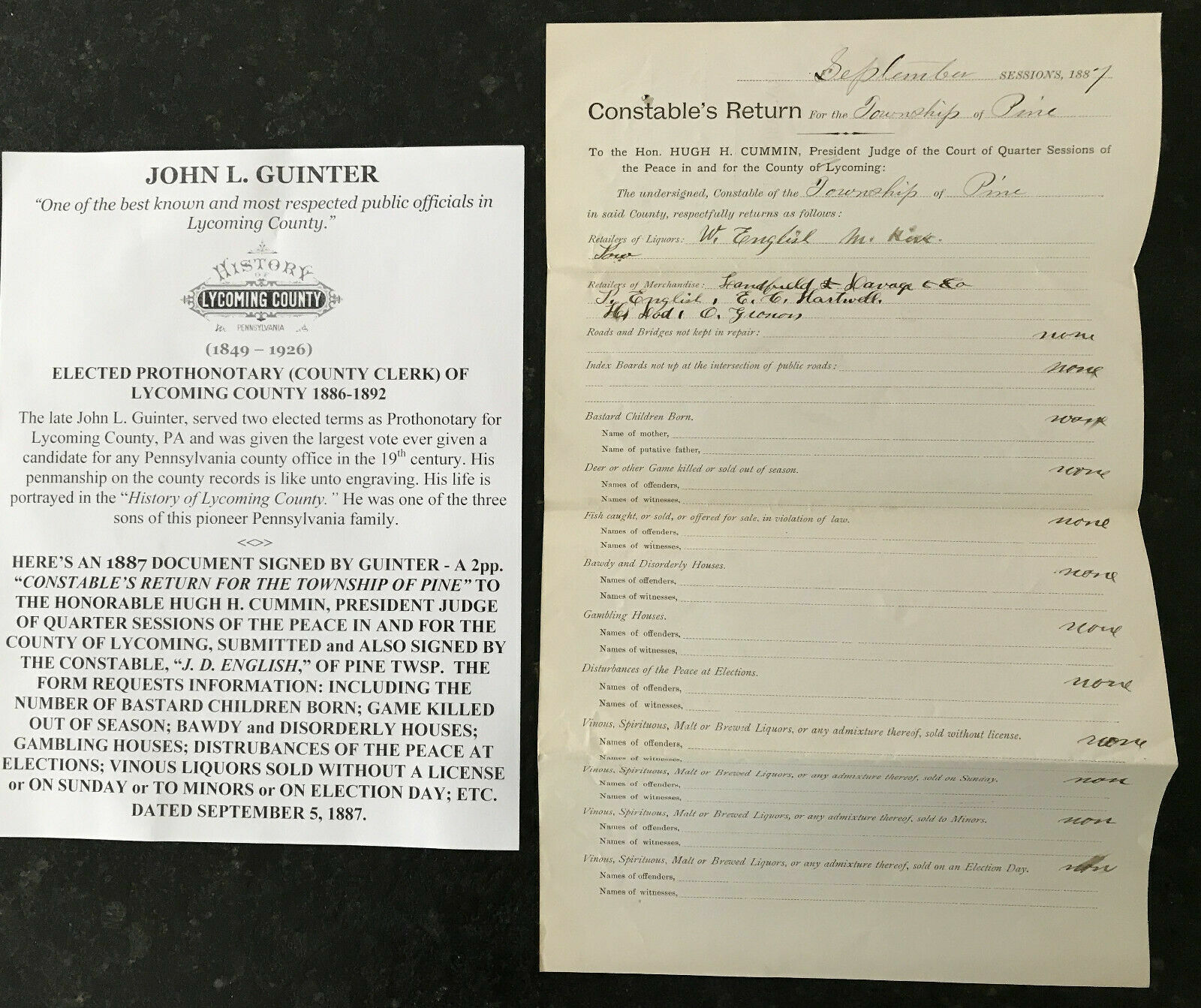 1887 SIGNED PINE LYCOMING CO PA POLICE CONSTABLE REPORT ILLEGAL GAMBLING DOC